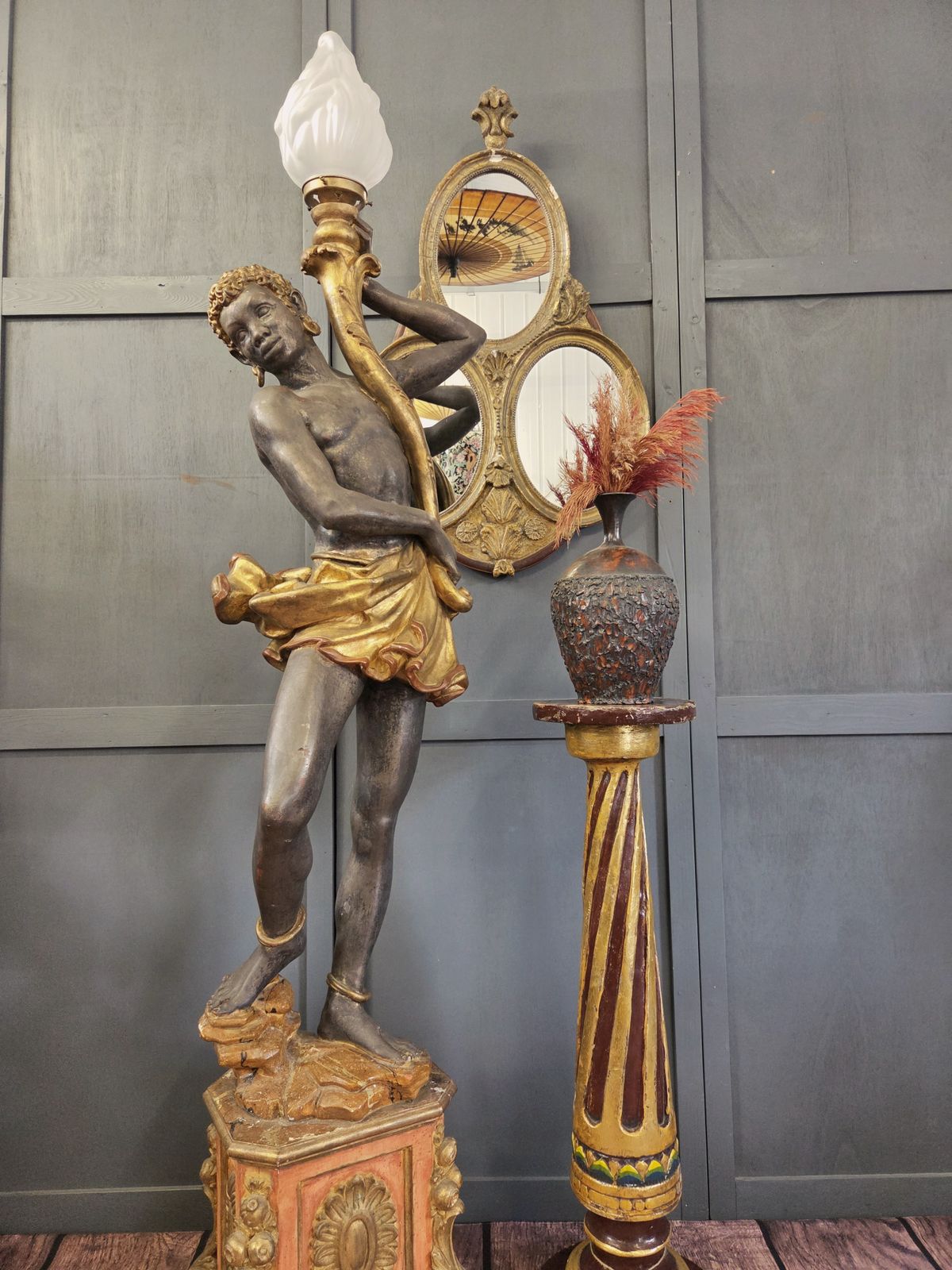 Early 20th Century Venetian Revival Figure Torchère Lamp, Polychrome & Parcel Gilt photo Lighting
