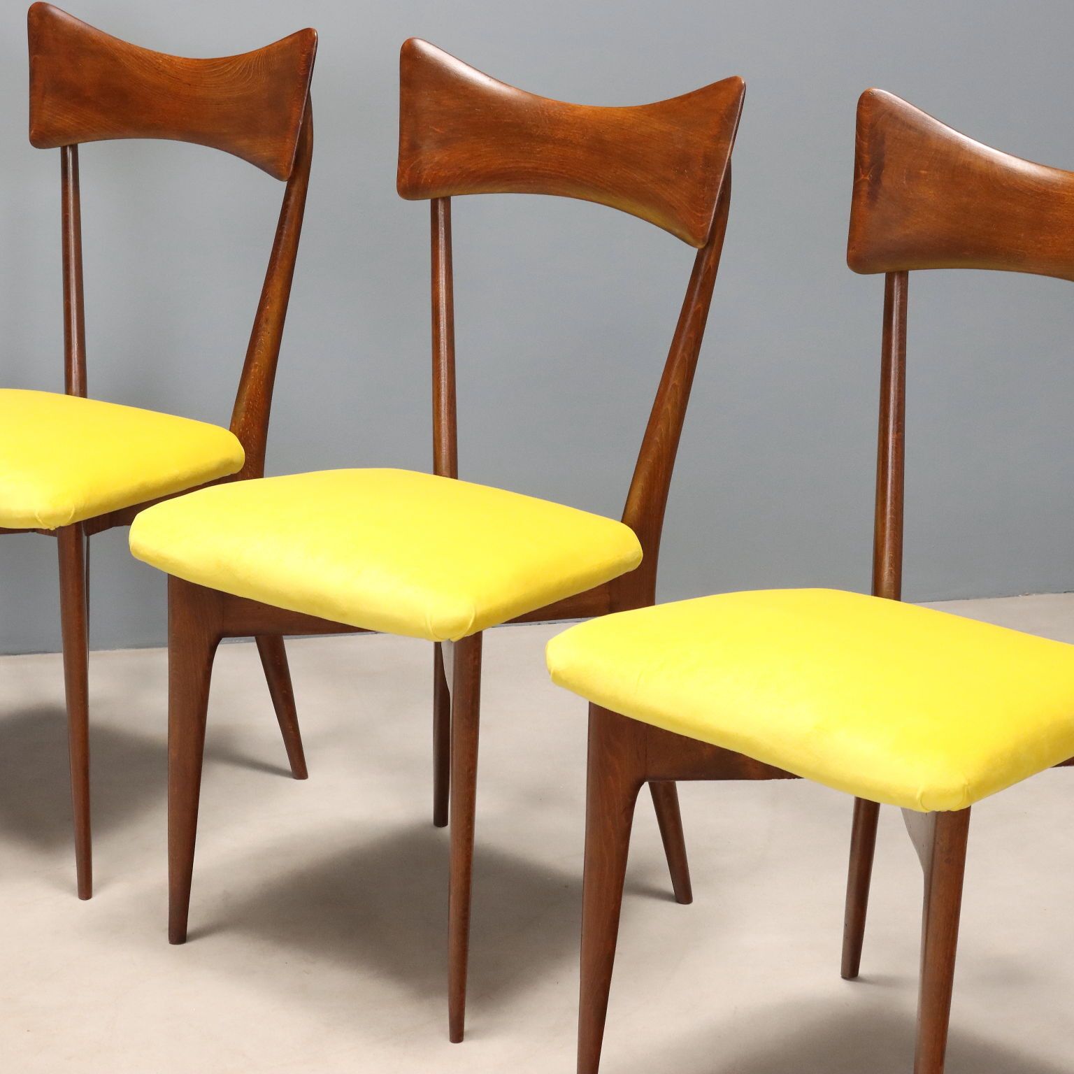 Vintage stoelen, gelakt beukenhout, fluwelen bekleding, design Italië, ca. jaren 1950-1960 photo for sale