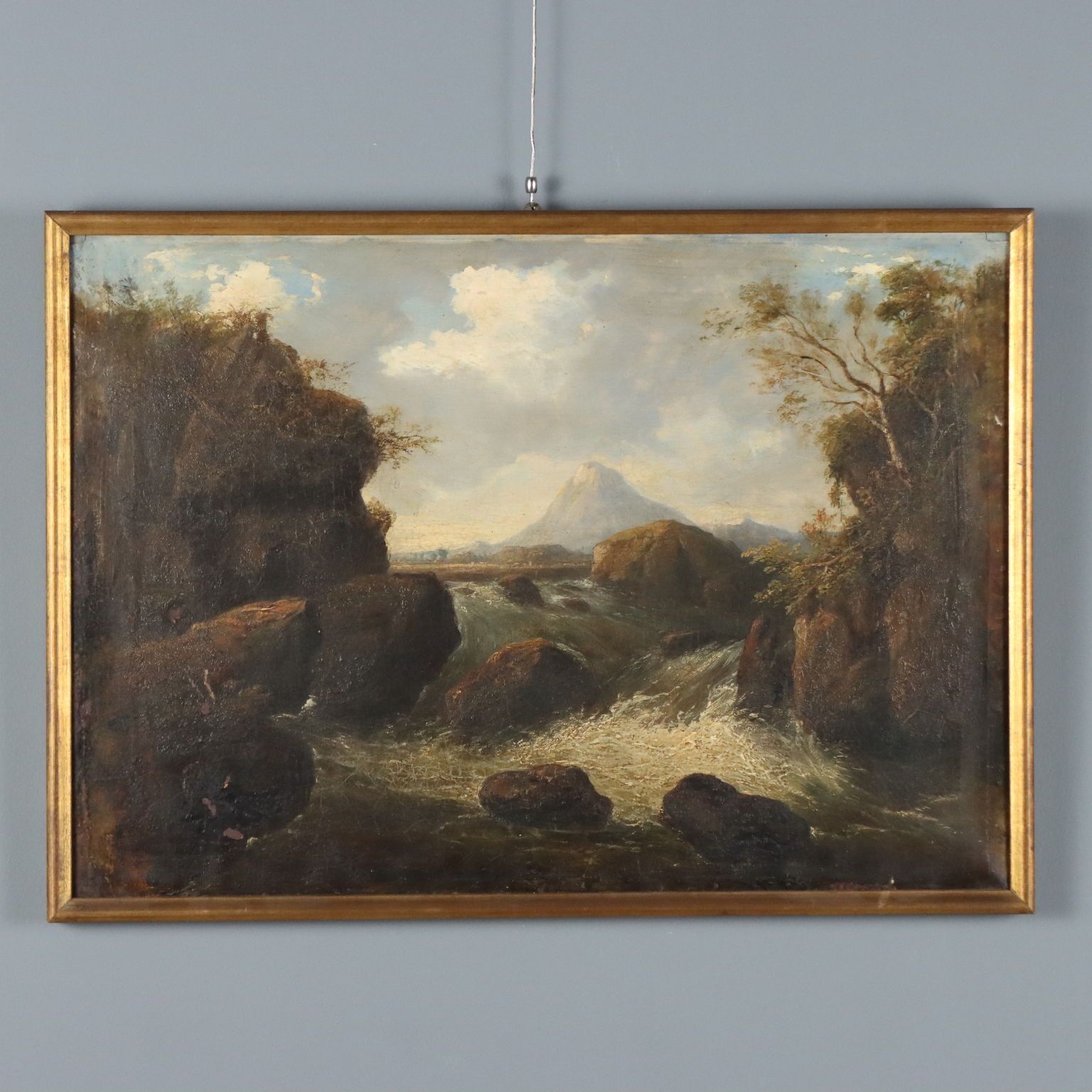 Antique Painting Landscape With River Oil On Canvas XIX Century
