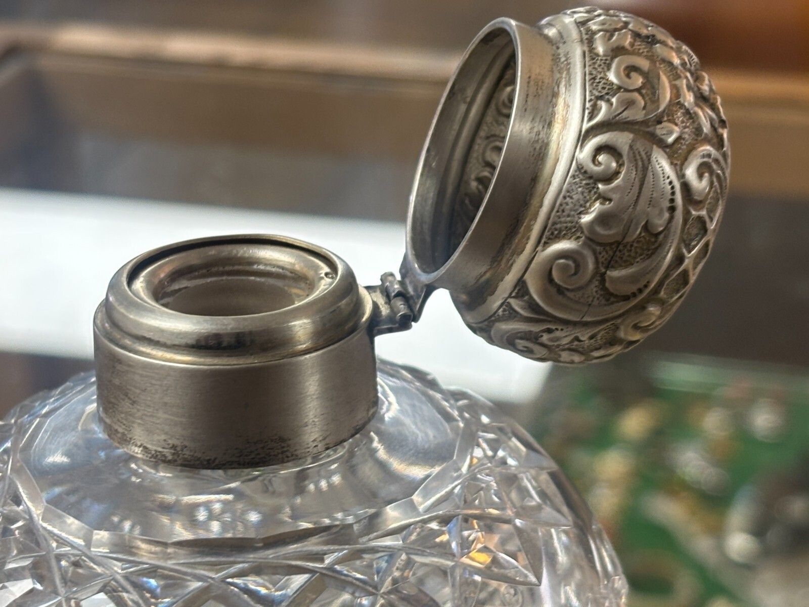 Home Decor Antique 1914 Sterling Silver & Cut Glass Perfume/ Vanity Bottle. photo