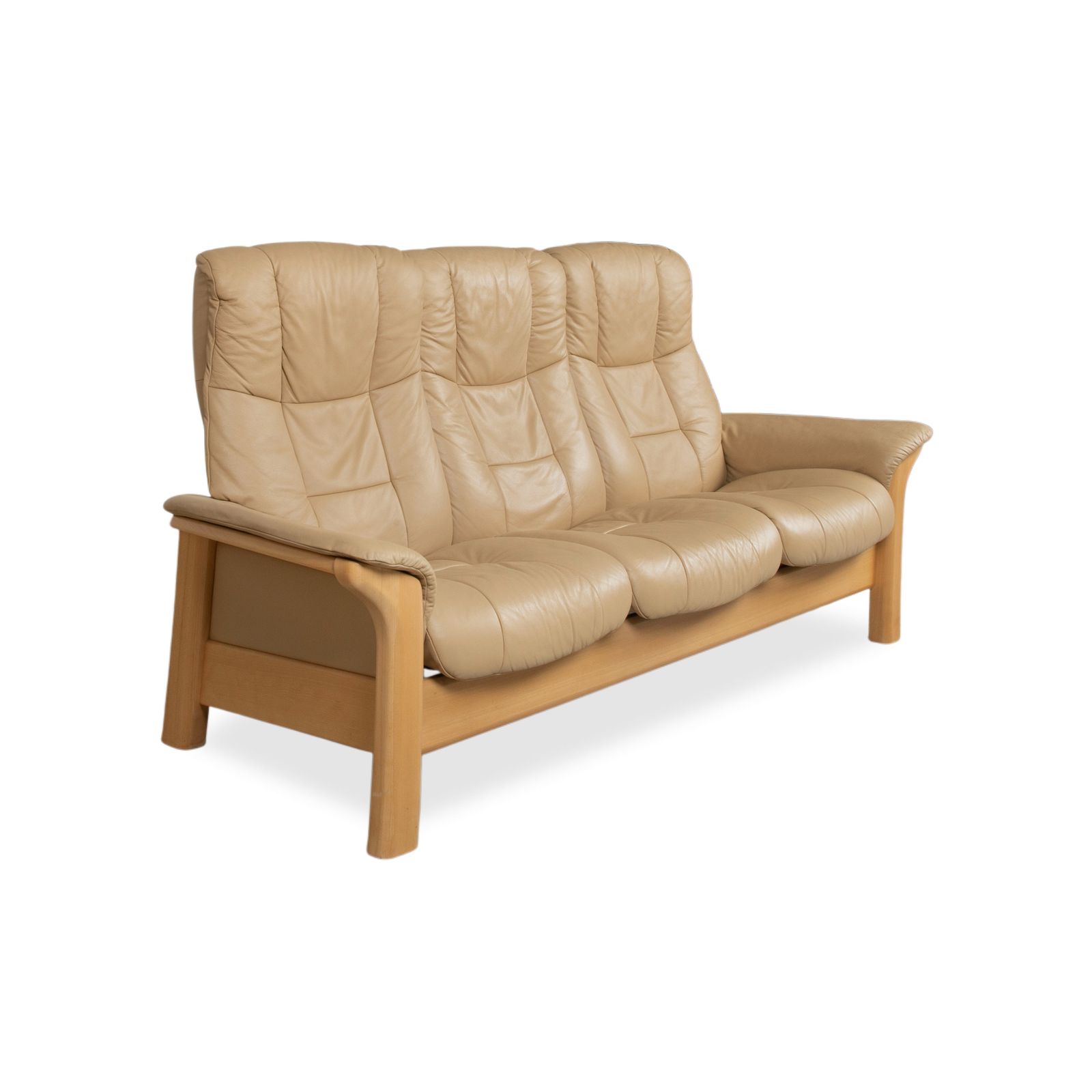 Canapé Stressless Windsor 3 places en cuir et bois, beige crème photo for sale