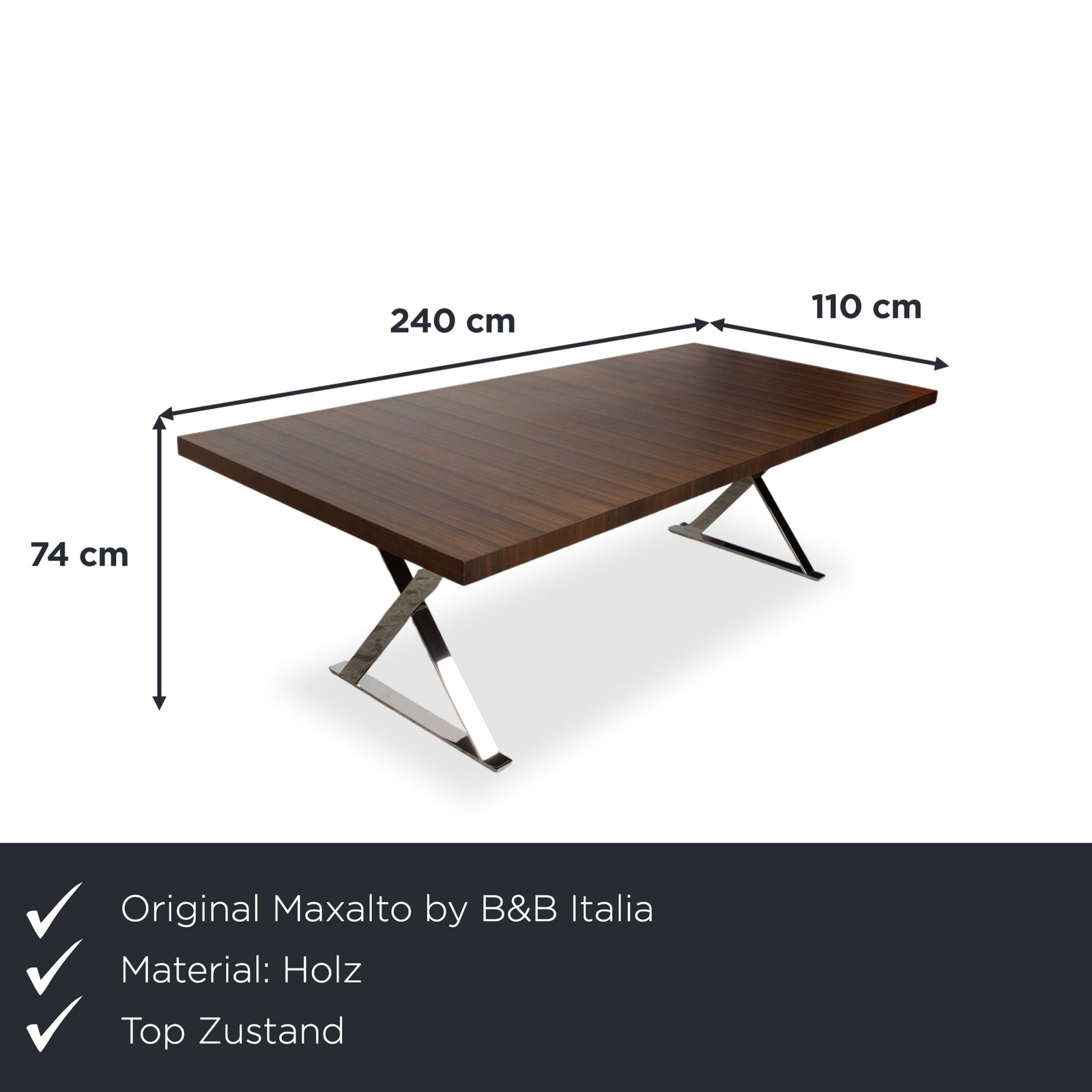 Table à manger Maxalto Max en bois, brun et chrome, 240 x 110 cm photo furniture