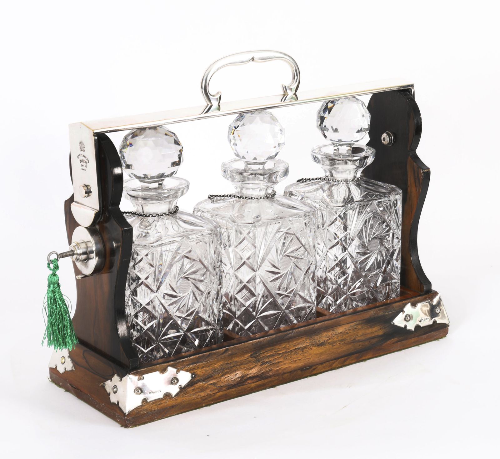 Antique Betjemann’s Coromandel 3 Crystal Decanter Tantalus Silver Hallmarks 1907
