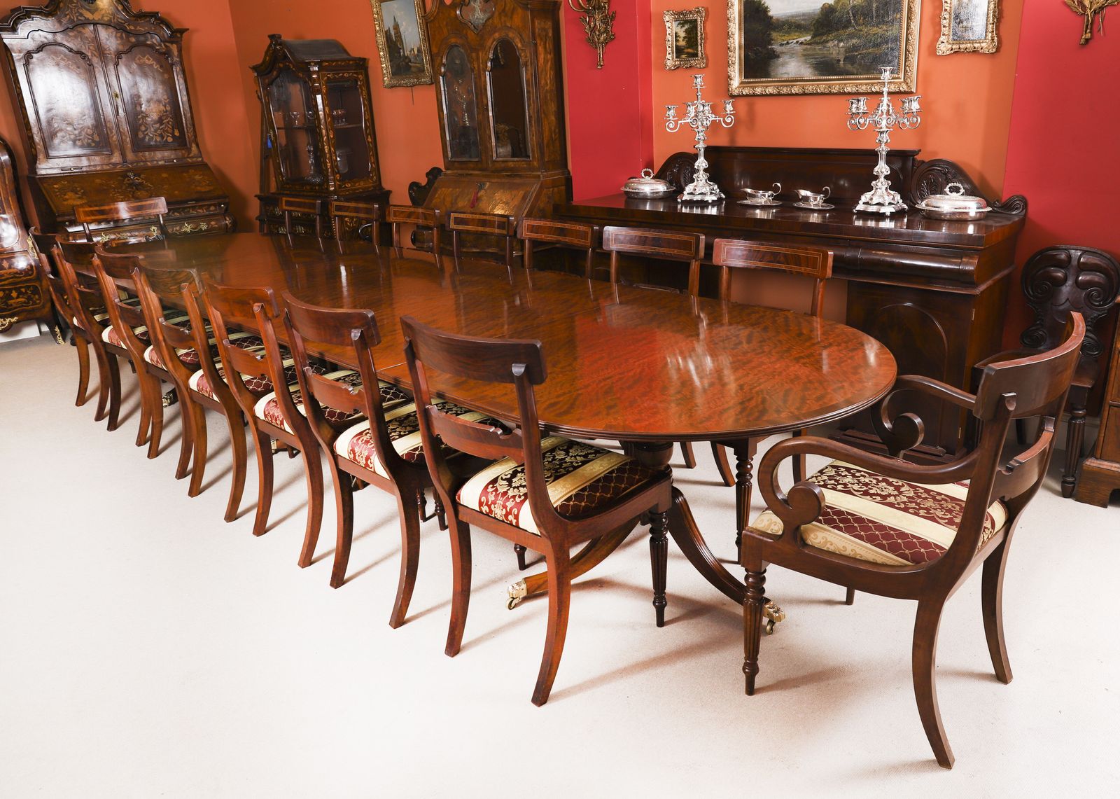 Vintage 15ft Regency Revival 3 Pillar Dining Table Set Mid 20th C