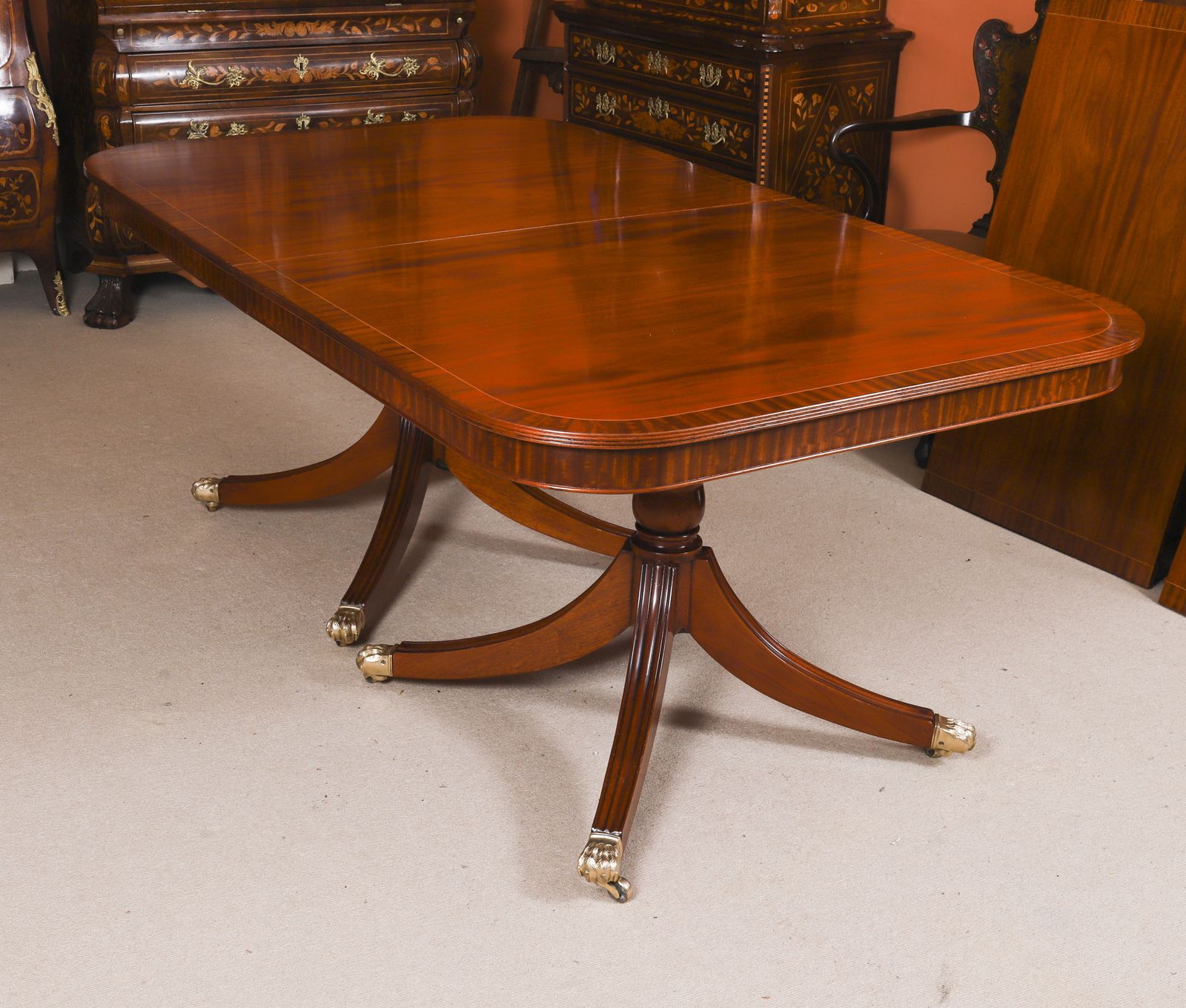 10ft3" Regency Revival Twin Pillar Flame Mahogany Dining Table 20th C photo vinterior