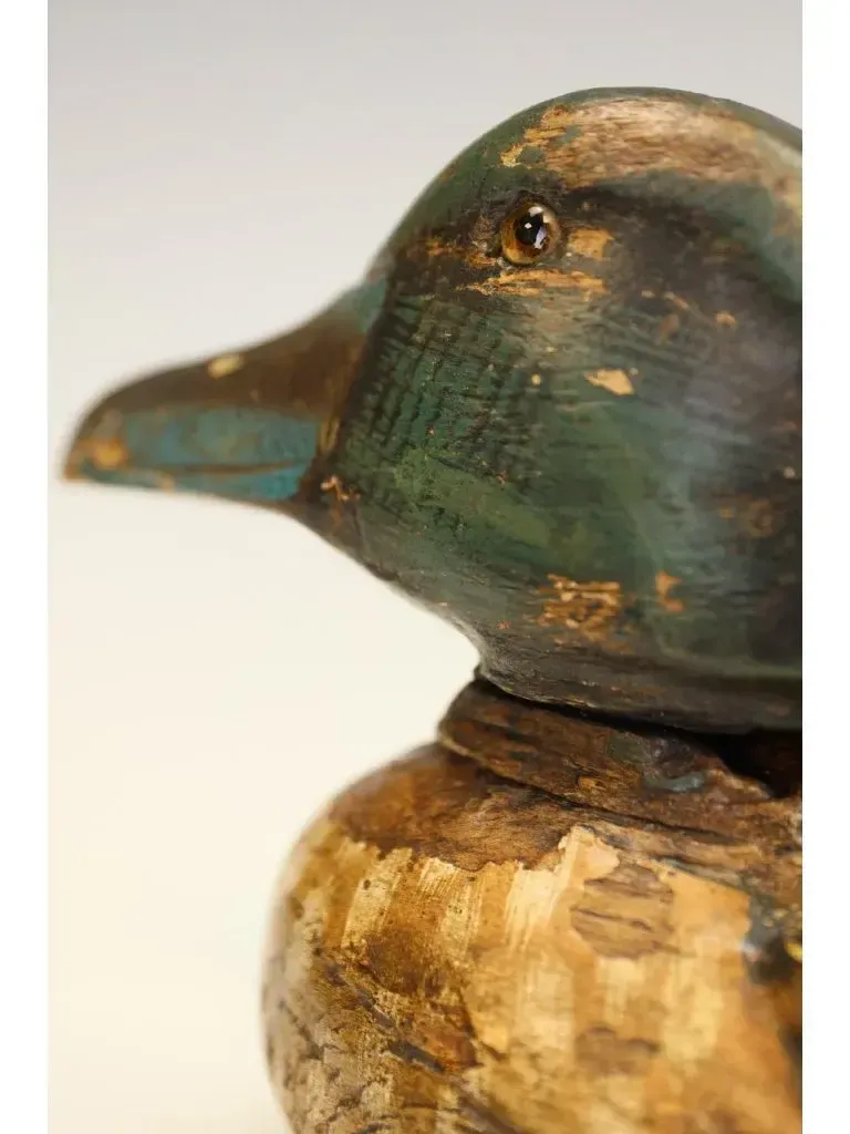 Vintage Hand Carved Wooden Decoy Duck – Folk Art Mallard With Original Paintwork. photo Art