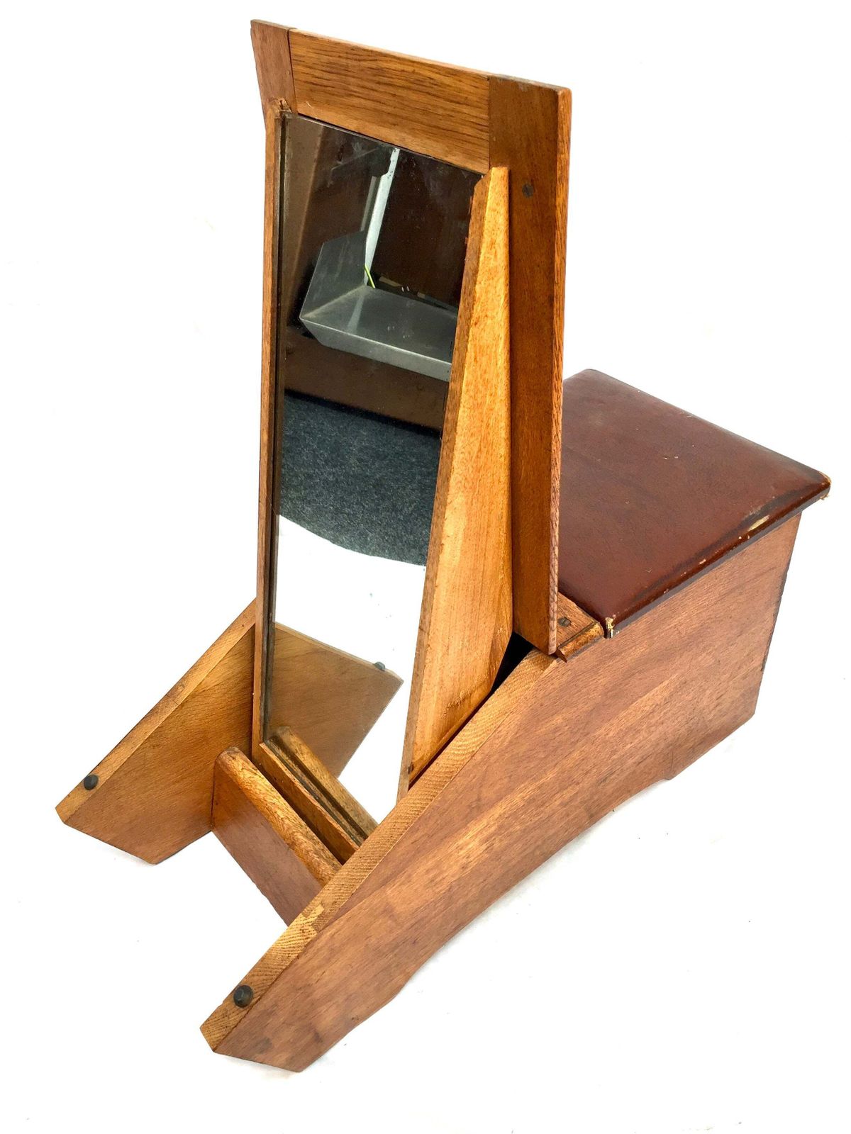 Antique Wooden Oak 1930s Shoe Shine / Shop Used Try On Seat / Box With Mirror.