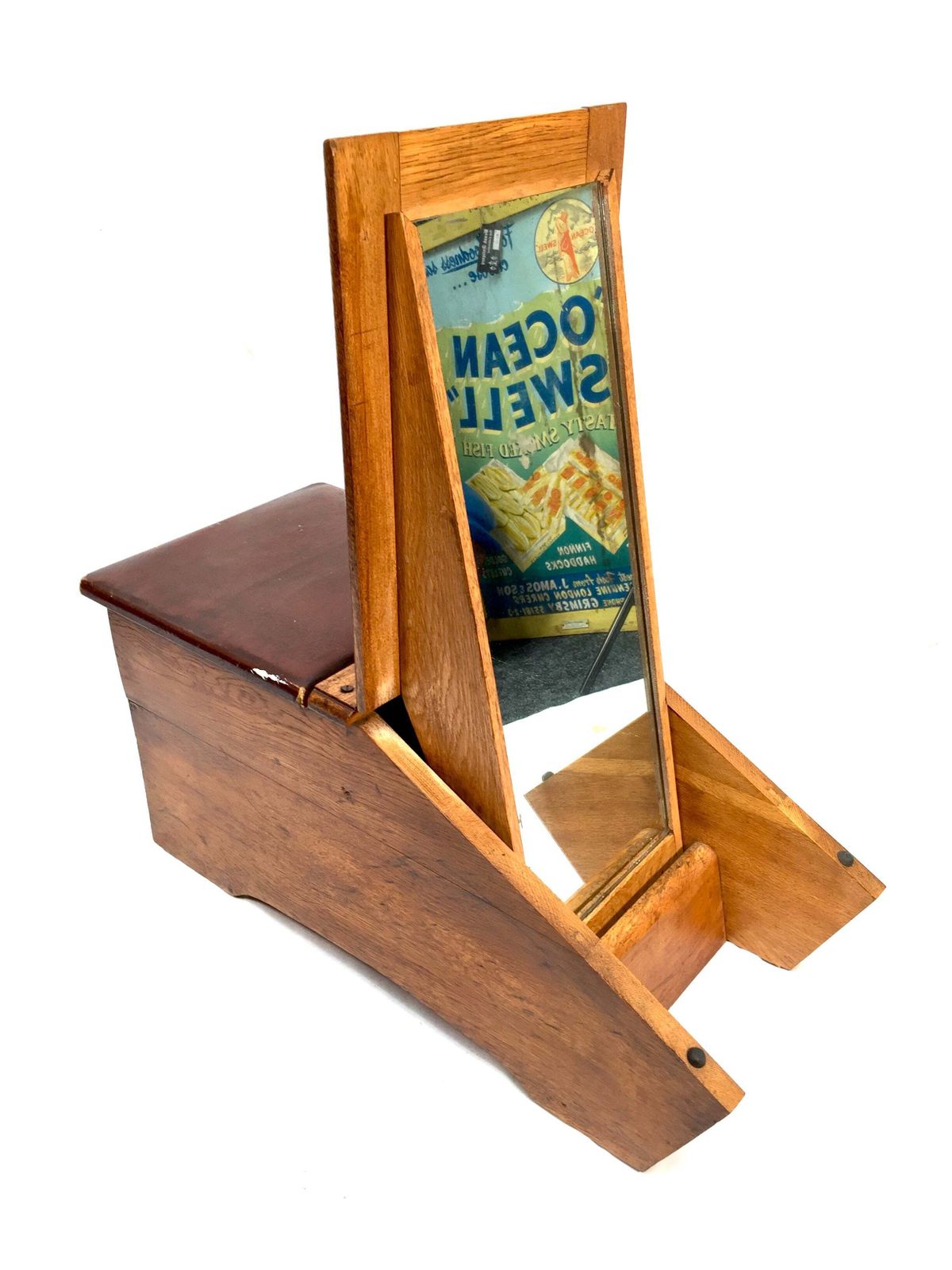 Antique Wooden Oak 1930s Shoe Shine / Shop Used Try On Seat / Box With Mirror. photo vintage