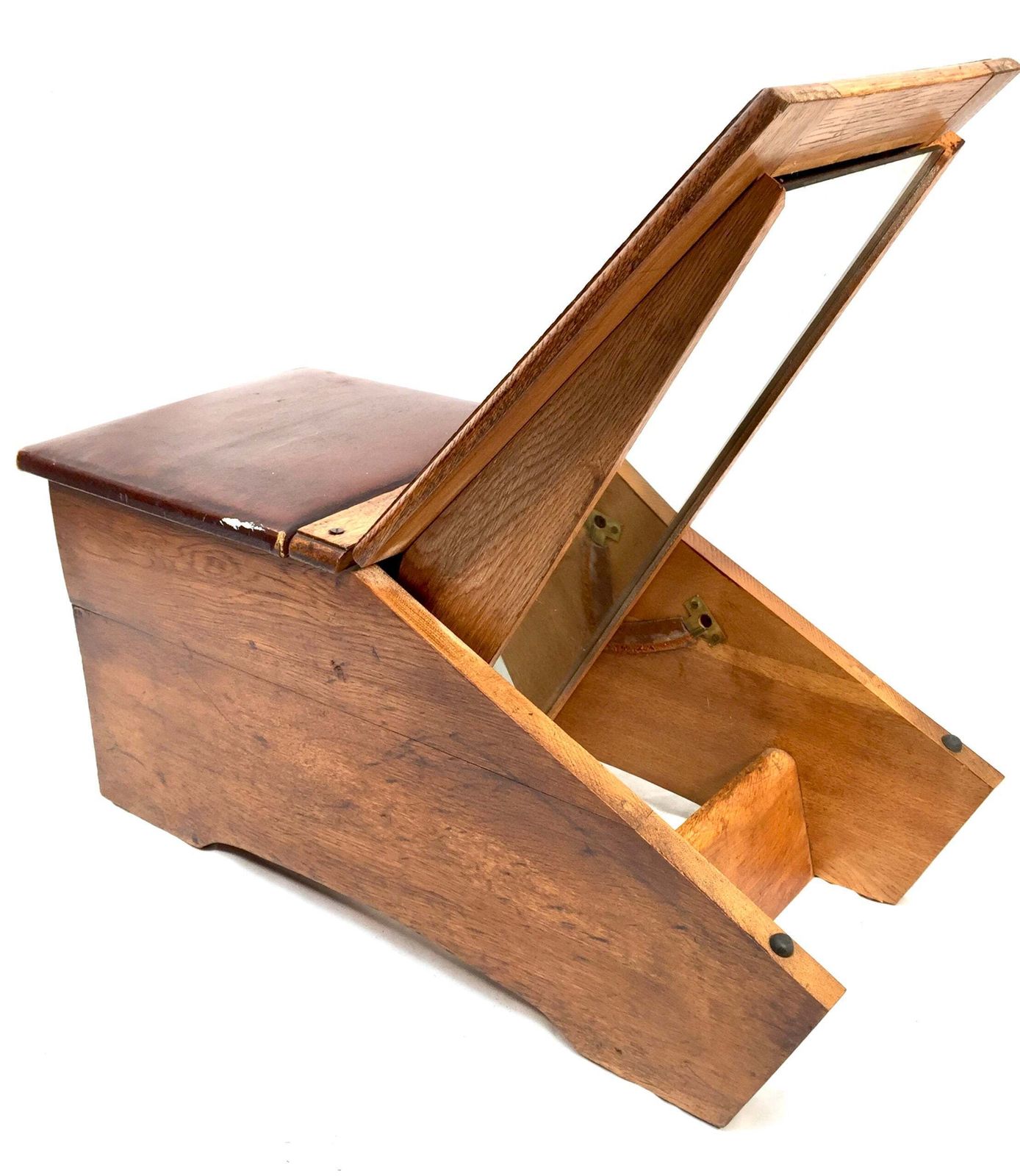 Home Decor Antique Wooden Oak 1930s Shoe Shine / Shop Used Try On Seat / Box With Mirror. photo