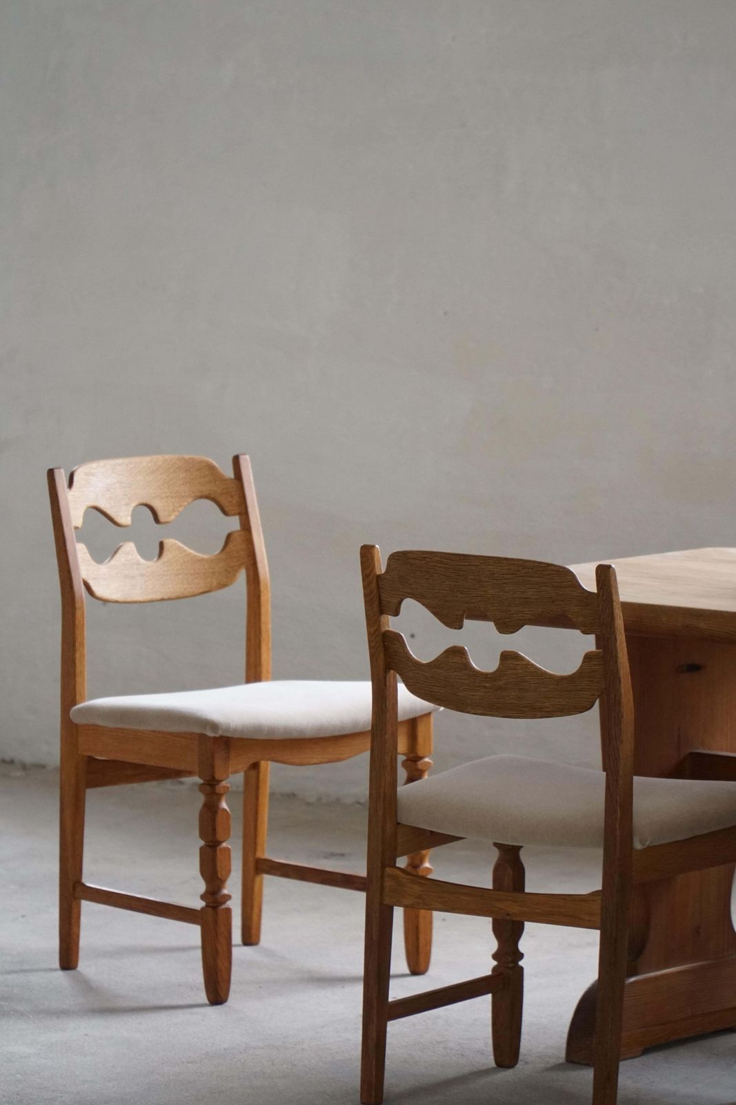photo for sale Set Of 6 Henning Kjærnulf “Razorblade” Dining Chairs In Oak & Mohair, 1960s