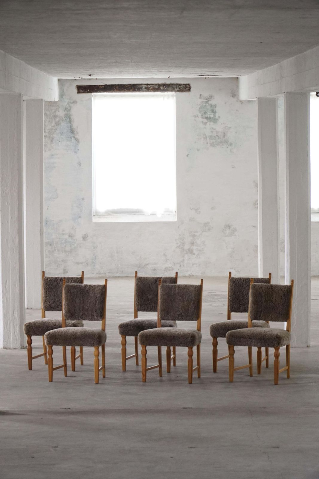 photo furniture Set Of 6 Dining Chairs, Oak & Lambswool, Henning Kjærnulf, Danish Modern, 1950s