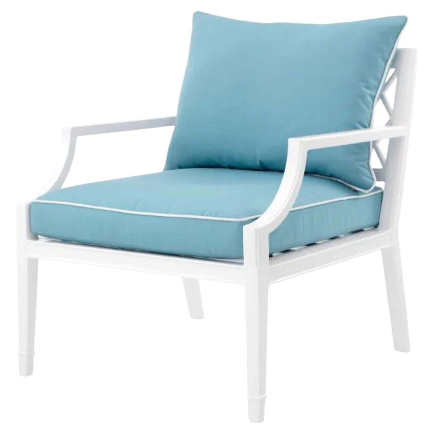 Contemporary White Outdoor Chair With Mineral Blue Sunbrella Cushion Bella Vista