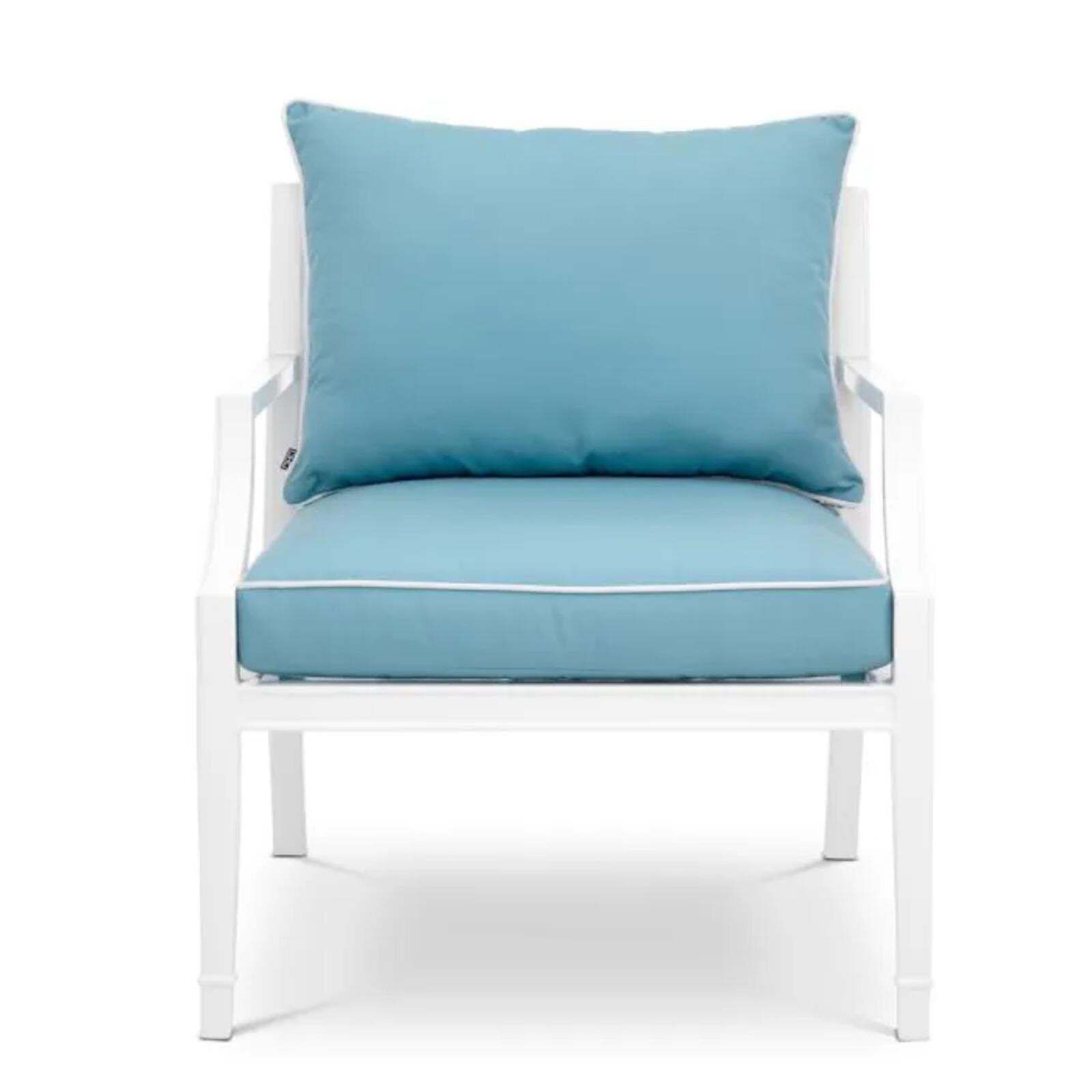 Contemporary White Outdoor Chair With Mineral Blue Sunbrella Cushion Bella Vista photo furniture