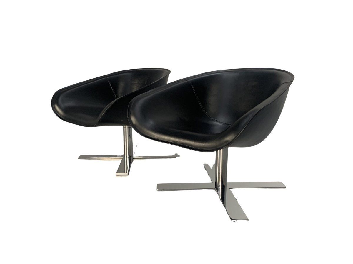 B&B Italia Mart Swivel Armchairs   In Black Pelle Leather And Metal, Set Of 2