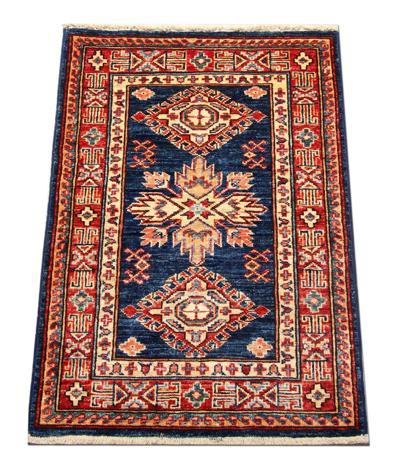 Blue Geometric Rug Oriental Carpet, Traditional Kazak Rustic Rug For Living Room photo for sale