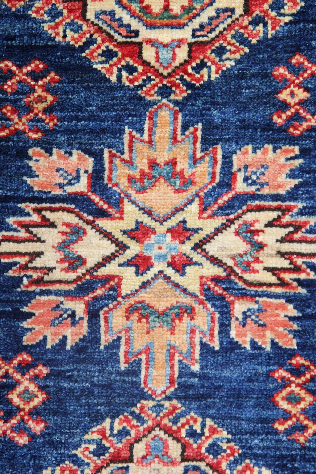 Blue Geometric Rug Oriental Carpet, Traditional Kazak Rustic Rug For Living Room photo Textiles