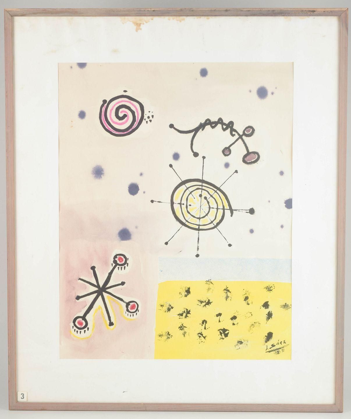 J. Sáez. Aquarelle sur papier. Composition abstraite poétique. Datée 1971 photo furniture