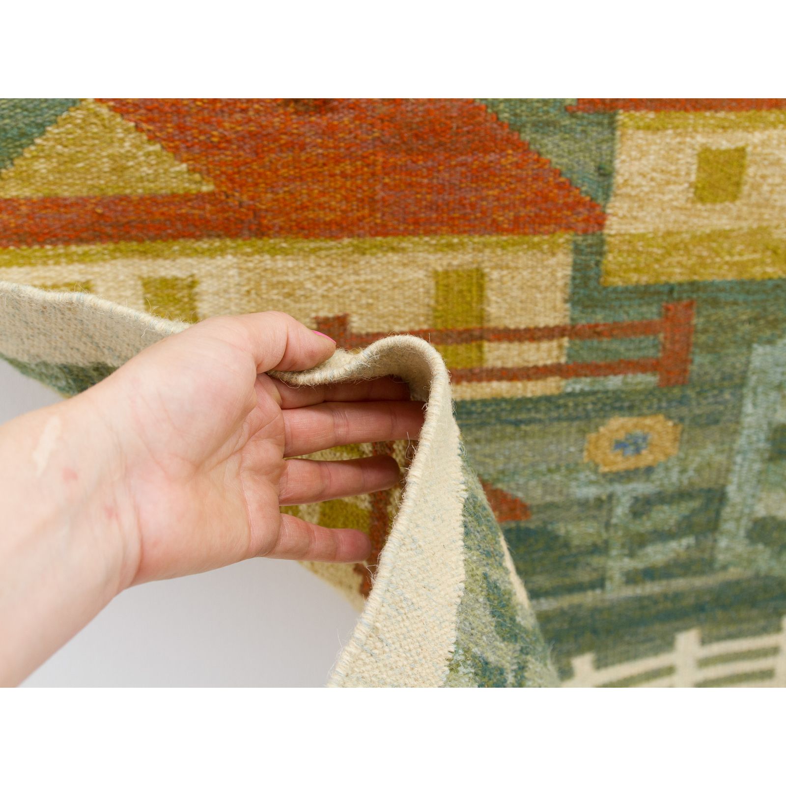 photo furniture Vintage 70s Handwoven Tapestry: Geometric Village Landscape In Green & Red