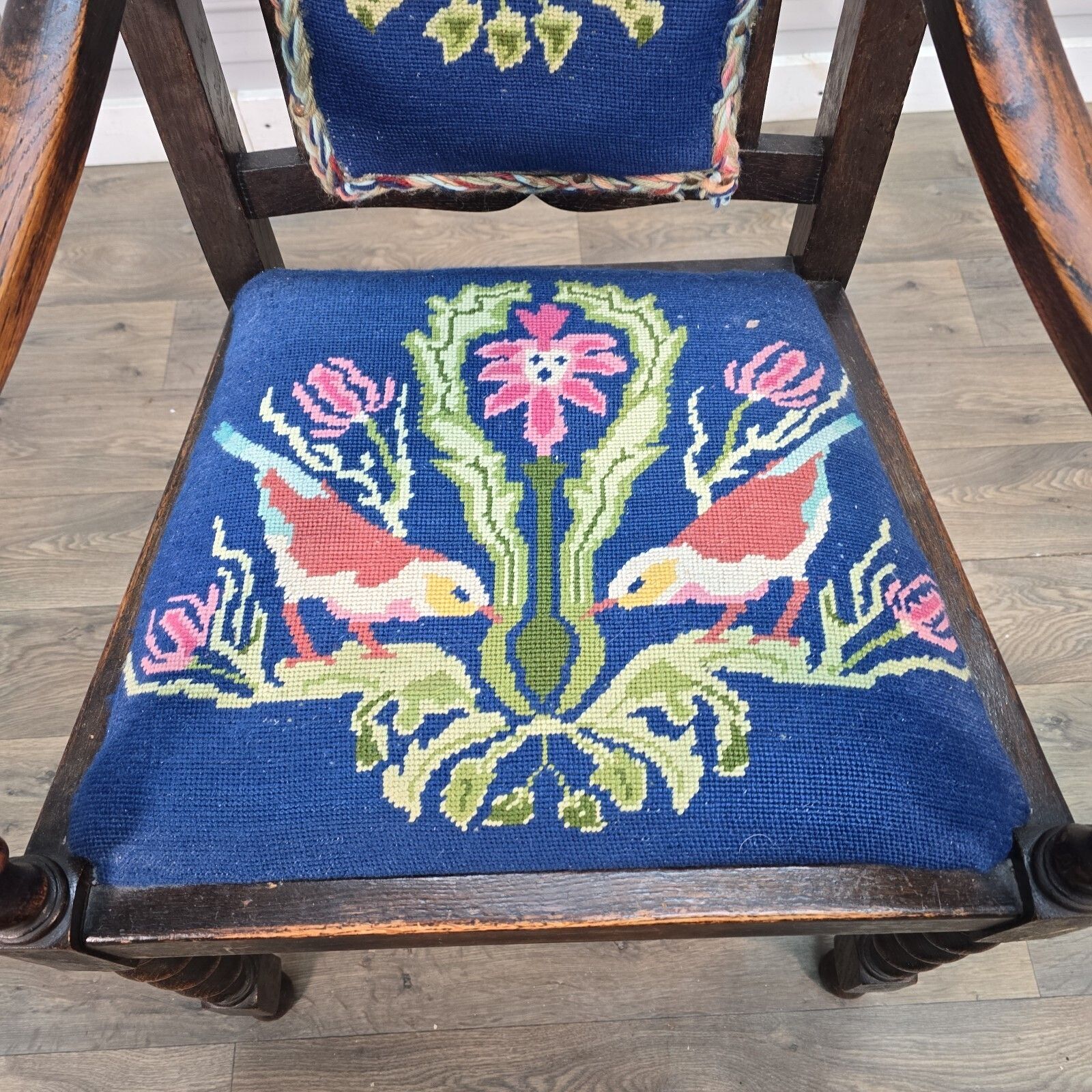 Antique Oak Wooden Armchair   Barley Twist Tapestry Upholstered Hall Chair Seat photo buy