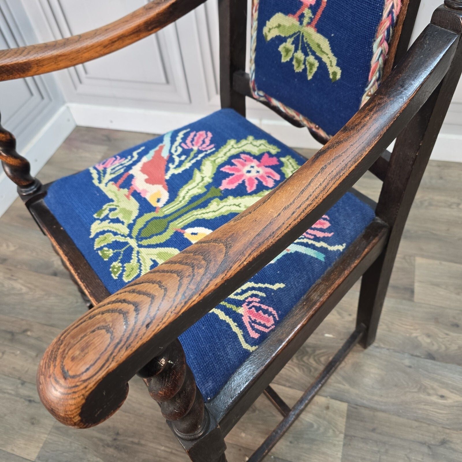 photo for sale Antique Oak Wooden Armchair   Barley Twist Tapestry Upholstered Hall Chair Seat