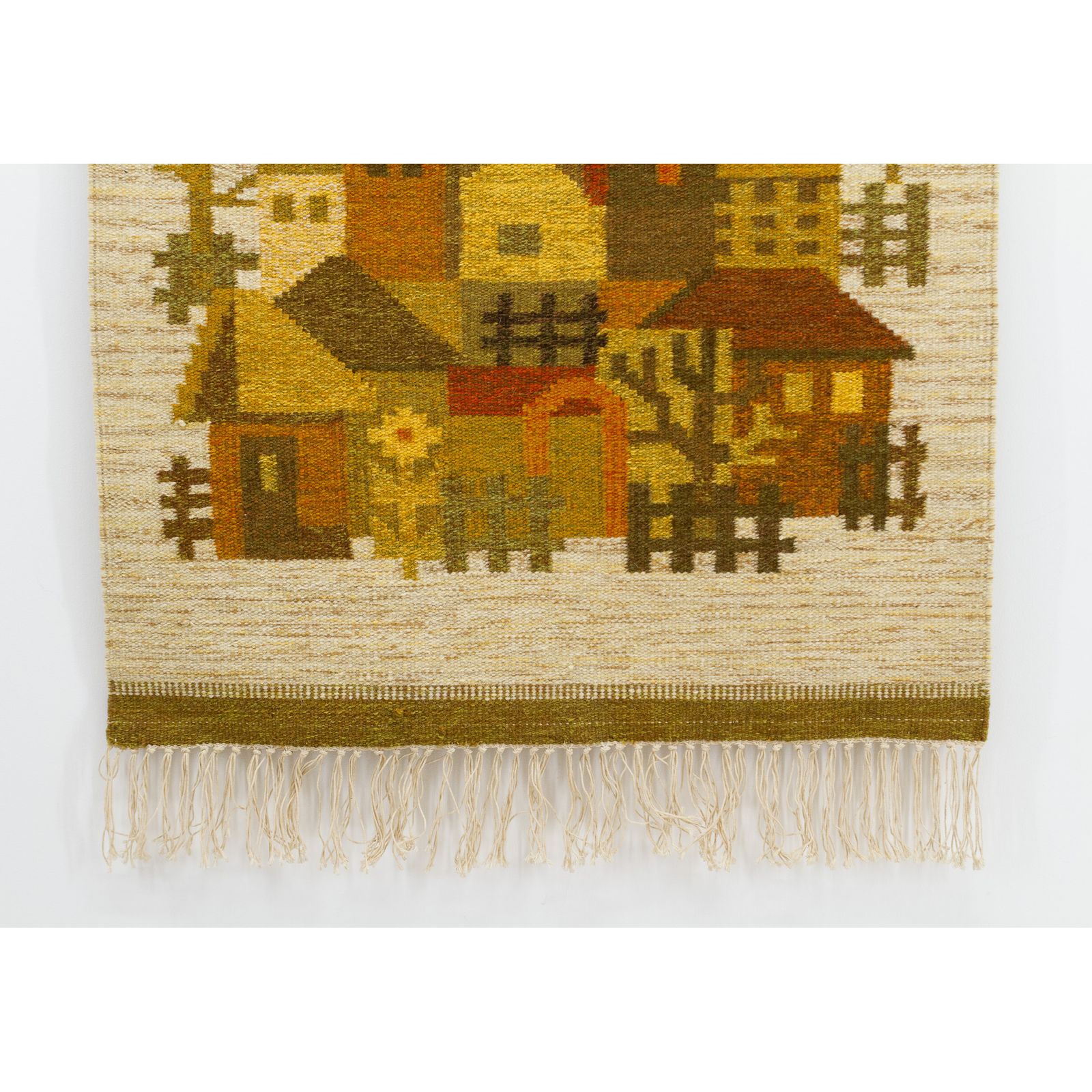 Vintage jaren '70 handgeweven wandtapijt in mosterdgeel en bruin: geometrisch dorpsgezicht photo buy