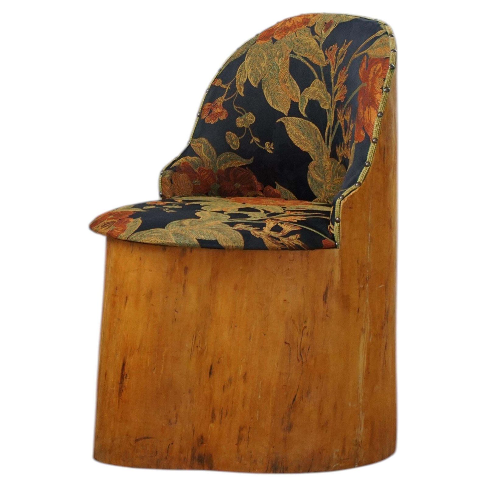 Swedish Stump Chair / “Kubstol” In Pine & Floral Upholstery, Mid 20th Century