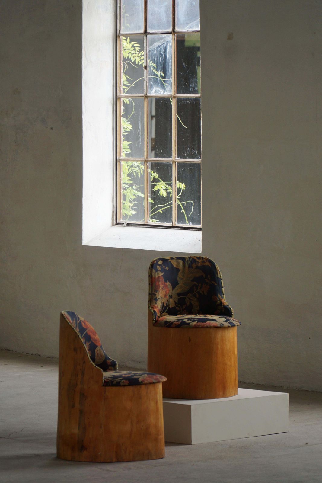 Swedish Stump Chair / “Kubstol” In Pine & Floral Upholstery, Mid 20th Century photo furniture