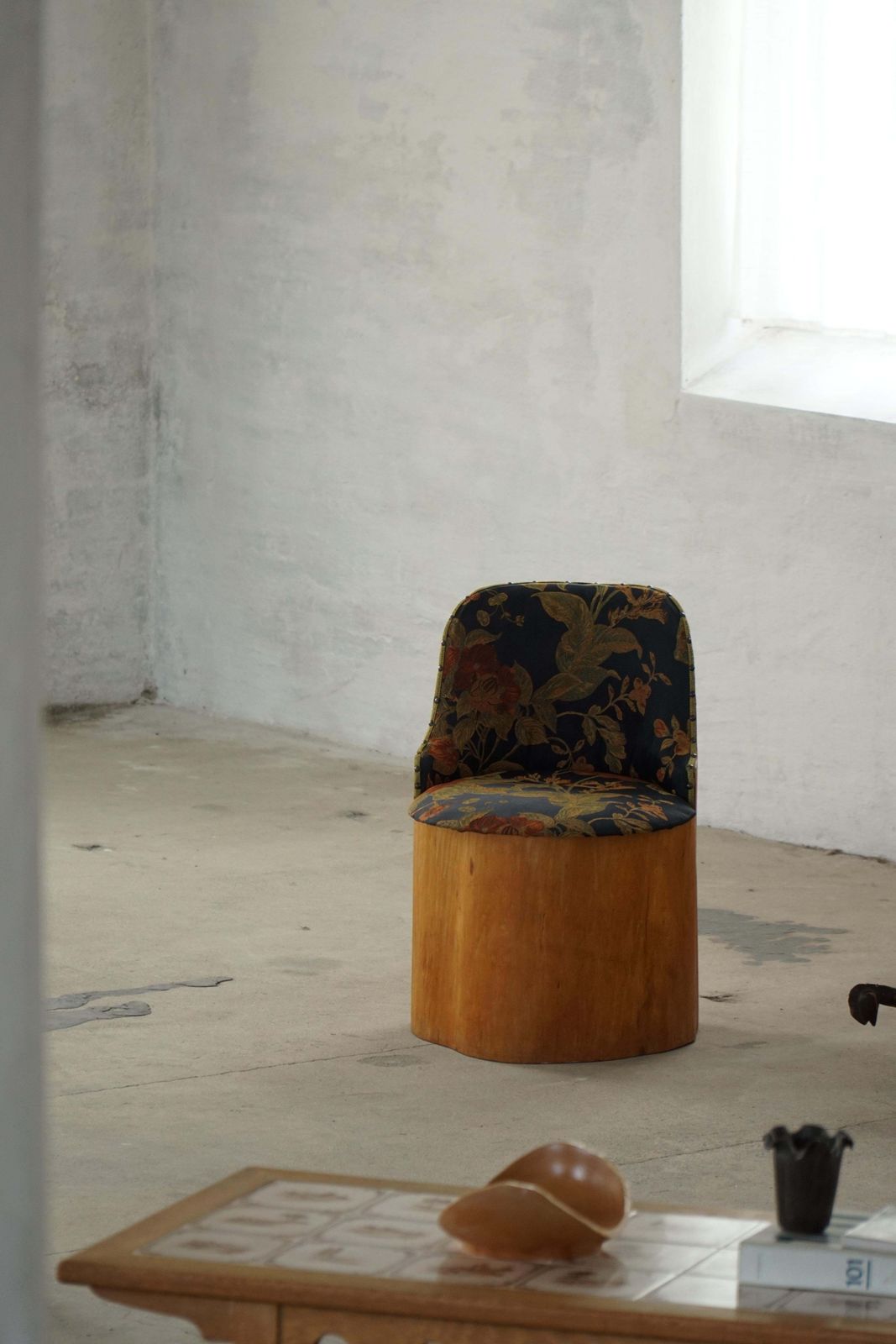 Swedish Stump Chair / “Kubstol” In Pine & Floral Upholstery, Mid 20th Century photo Furniture