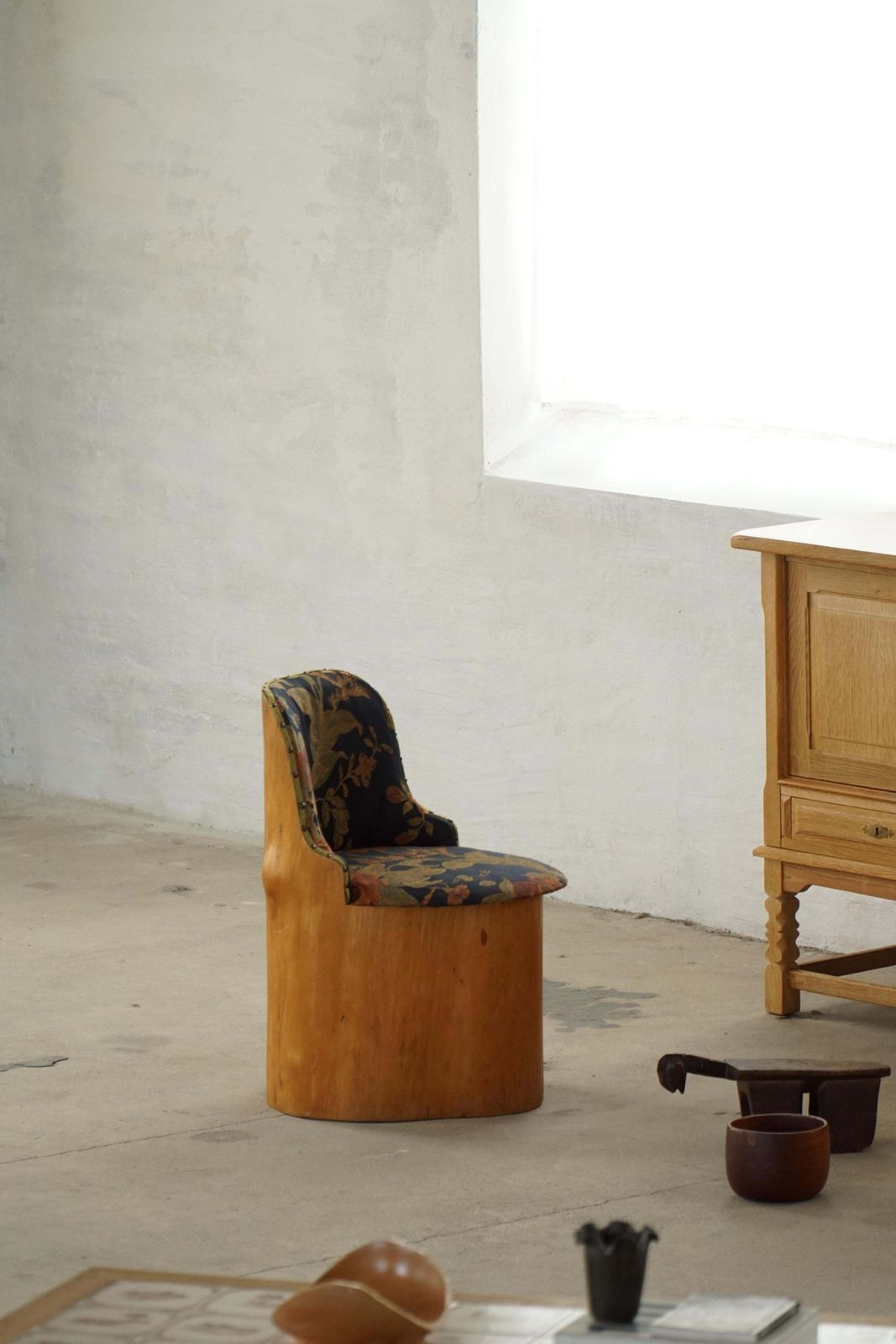 Furniture Swedish Stump Chair / “Kubstol” In Pine & Floral Upholstery, Mid 20th Century photo