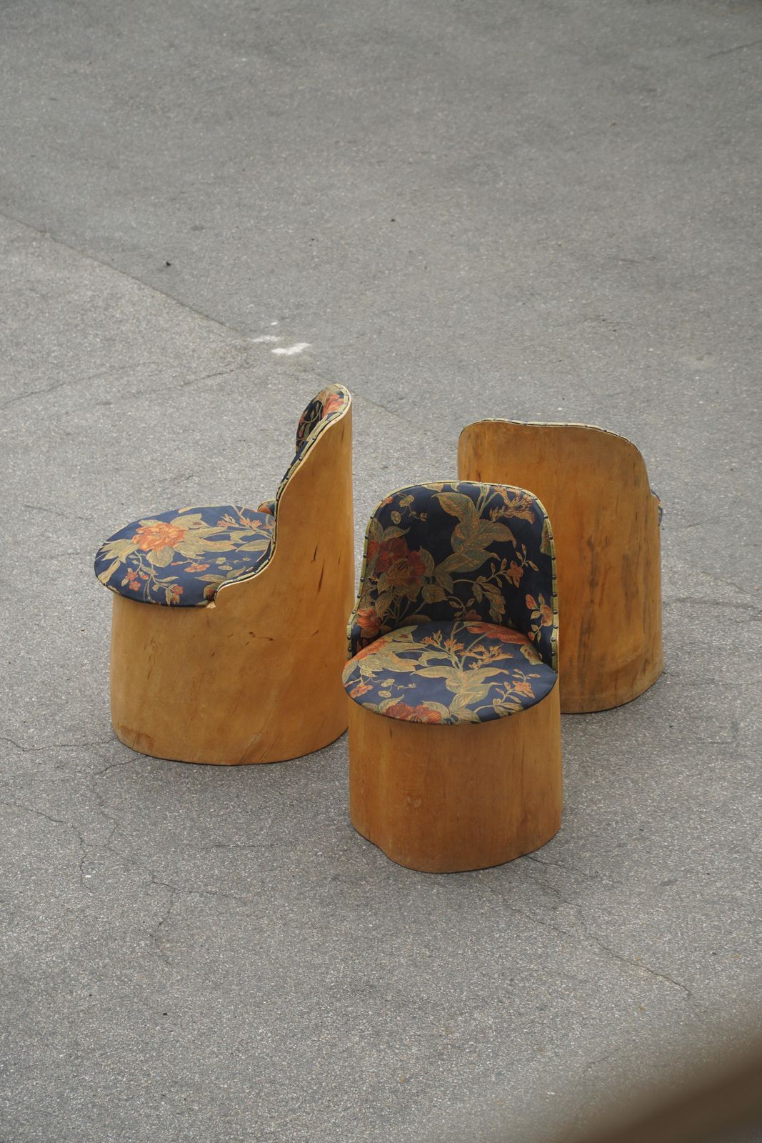 photo vintage Swedish Stump Chair / “Kubstol” In Pine & Floral Upholstery, Mid 20th Century