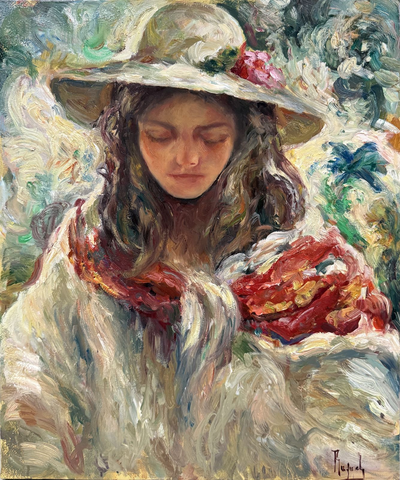 Rafael Santiago Muñoz – Mediterrane vrouw met hoed, expressief figuratief olieverfportret op doek, Spaans, 2026