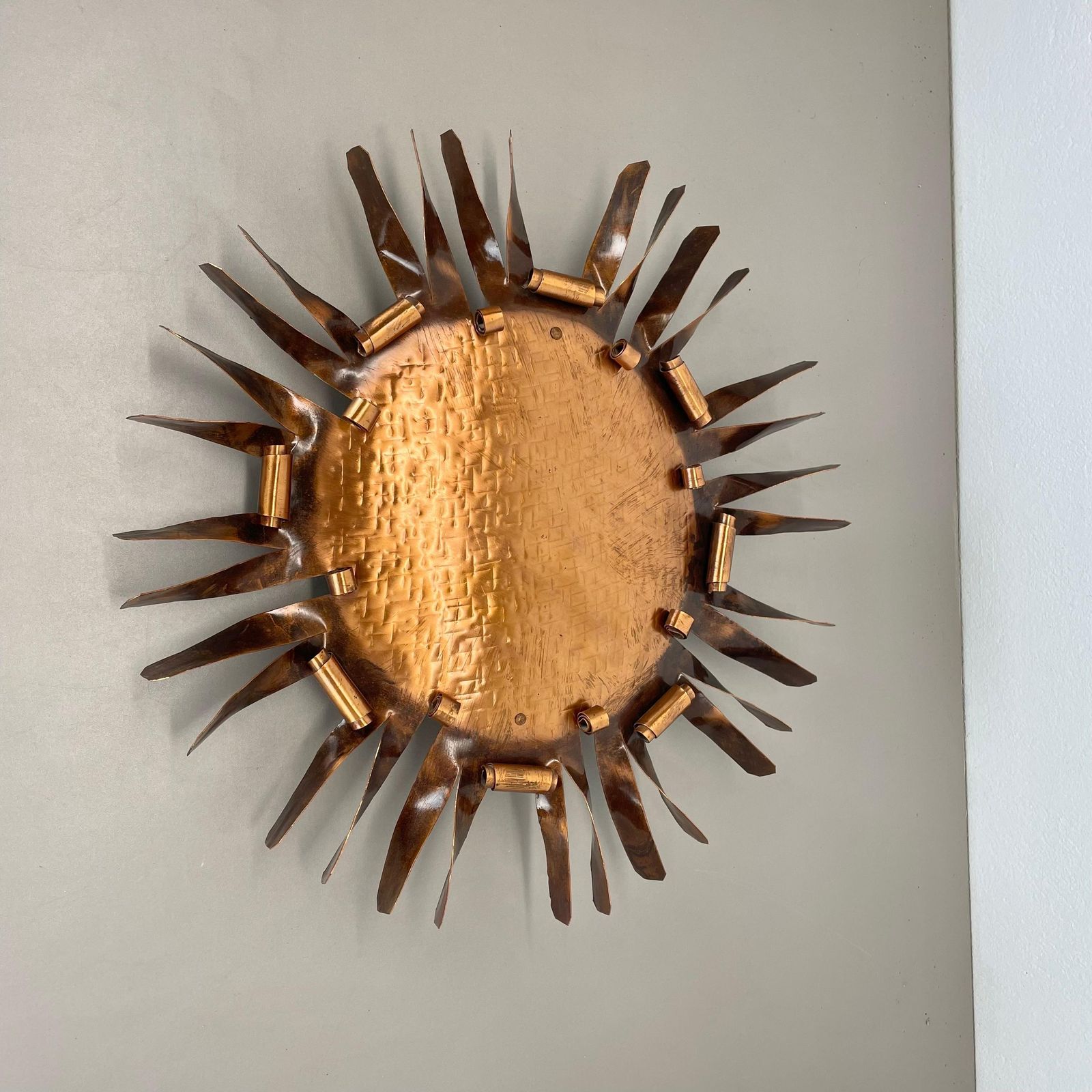 Large 50cm Solid Copper Stilnovo Style Sunburst Theatre Wall Light , Italy 1950s photo for sale