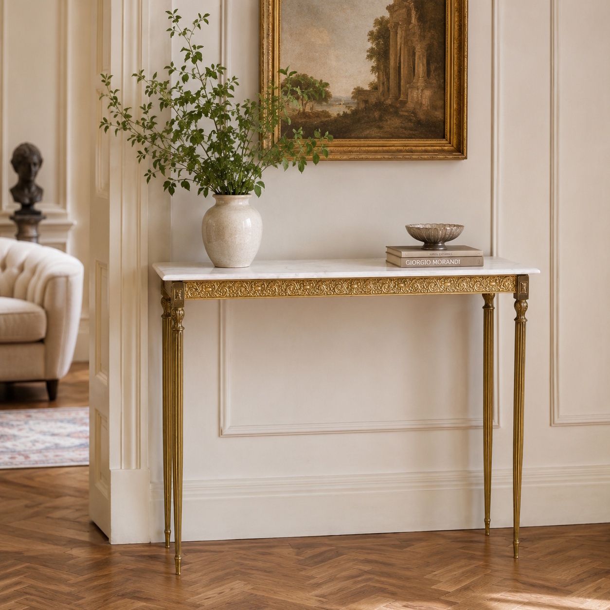 Antique Italian Brunished And Gilt Brass Console With Carrara Marble Top, Venice photo vinterior