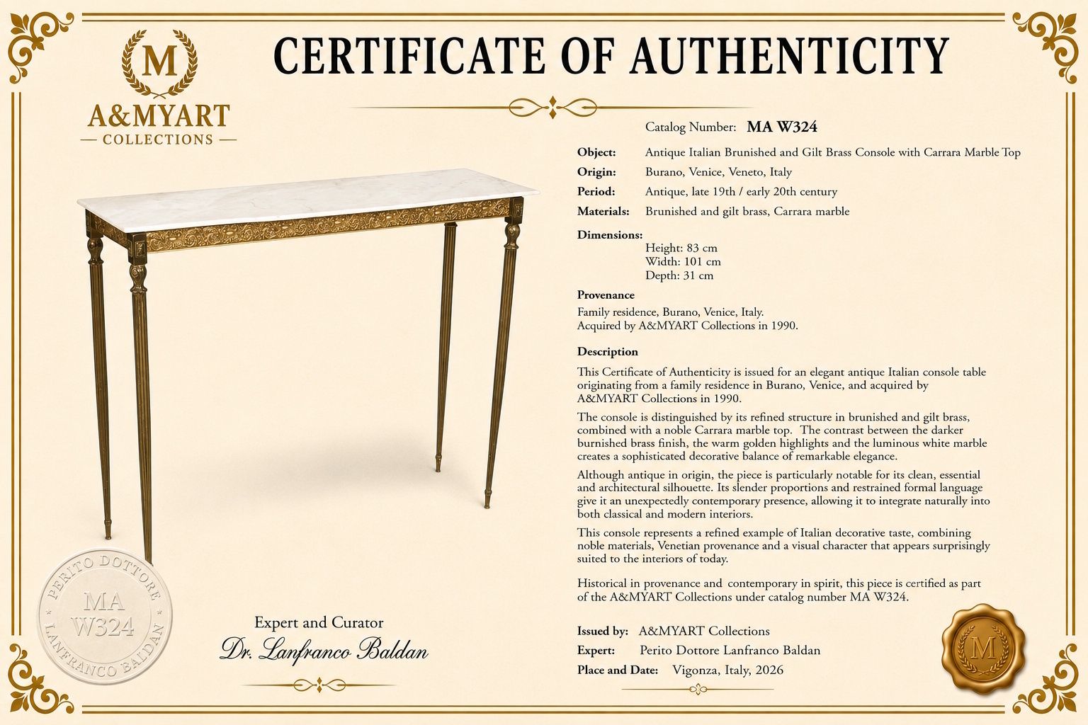 Antique Italian Brunished And Gilt Brass Console With Carrara Marble Top, Venice photo vintage