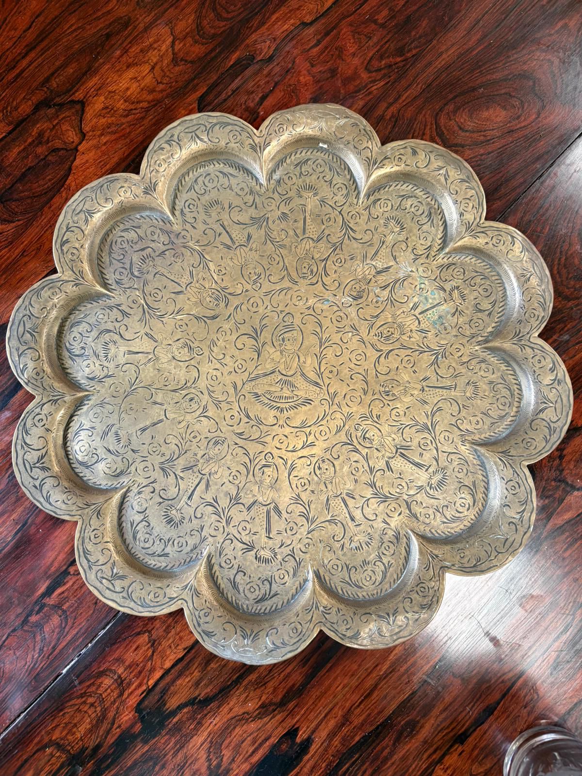 Large Hand Engraved Indian Brass Tray With Figural Decoration, 46cm Diameter