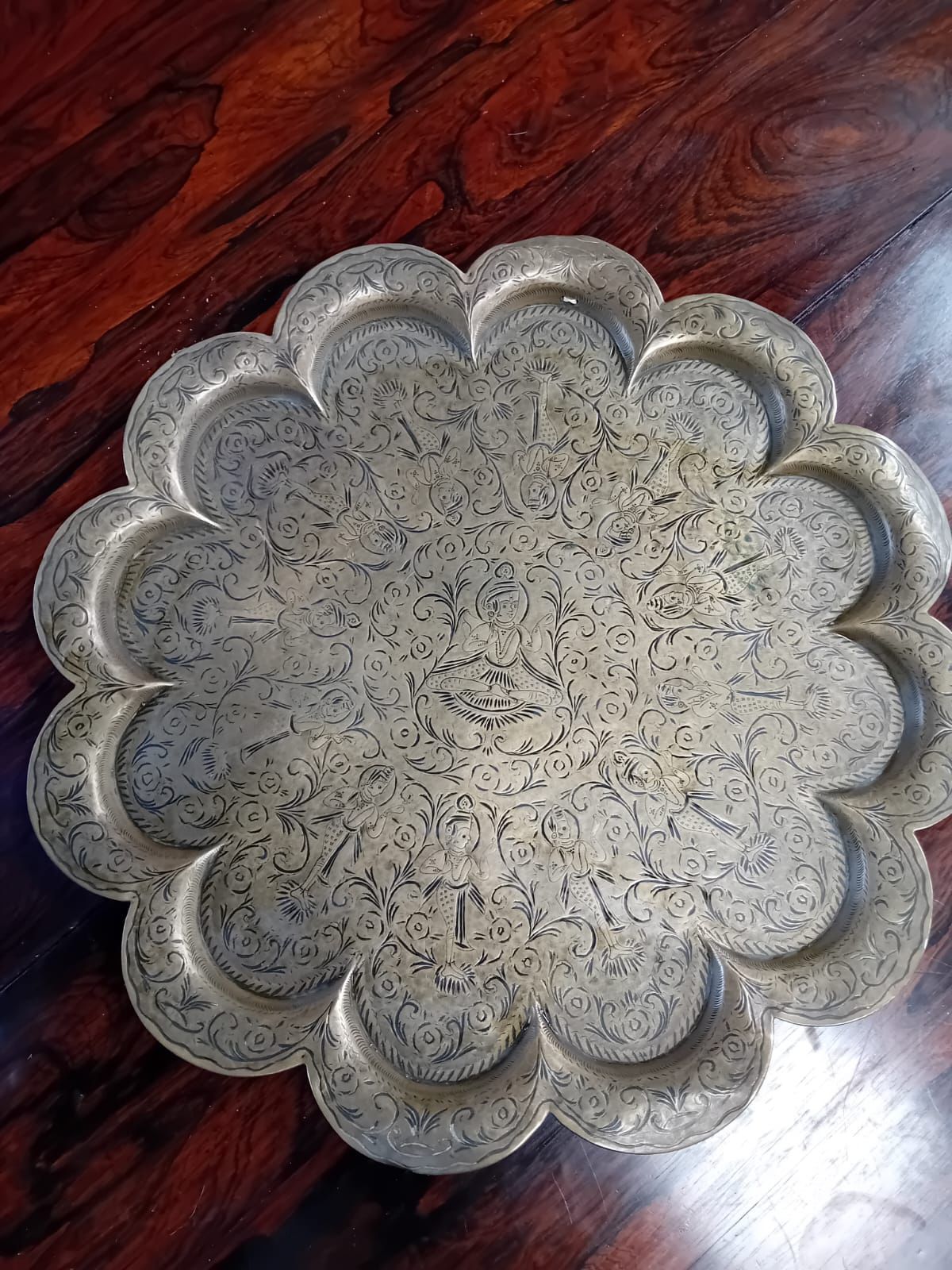 Large Hand Engraved Indian Brass Tray With Figural Decoration, 46cm Diameter photo buy