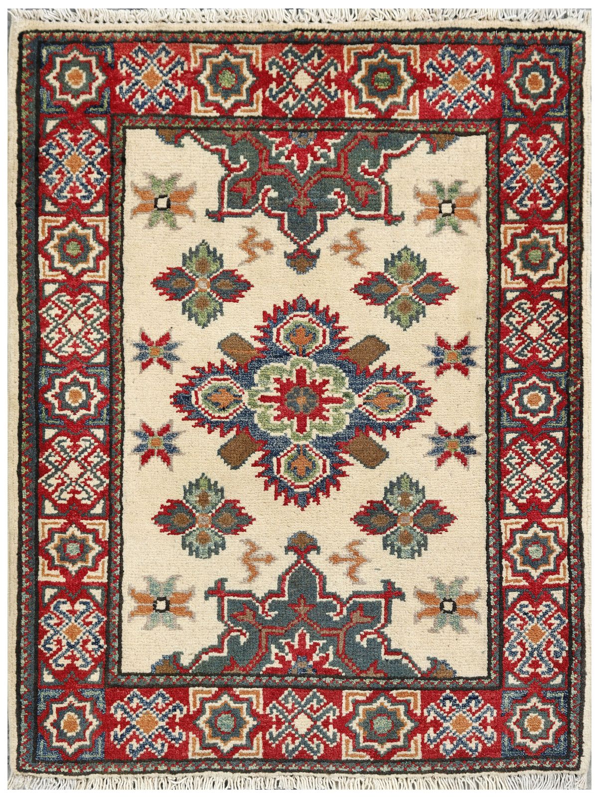 Hand Knotted Afghan Wool Rug Ivory And Red Tribal Carpet 65 X 87 Cm