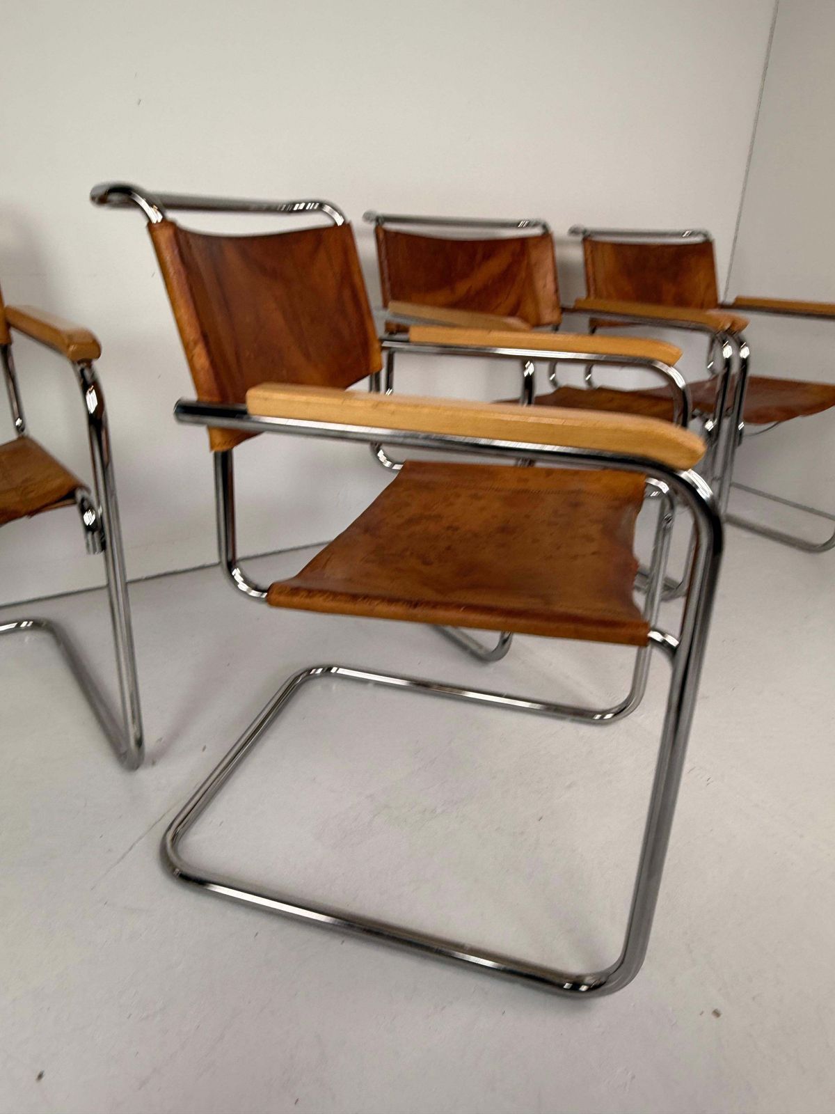 Set Of 6 Original Thonet S34 Cantilever Chairs In Cognac Leather & Chrome, 1970s photo for sale