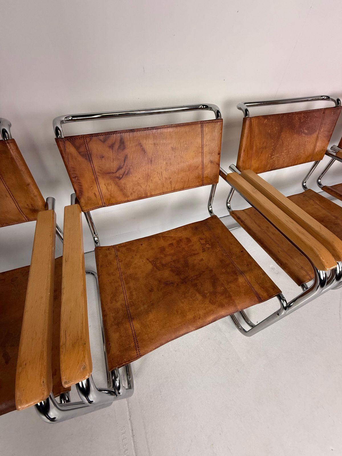 Furniture Set Of 6 Original Thonet S34 Cantilever Chairs In Cognac Leather & Chrome, 1970s photo