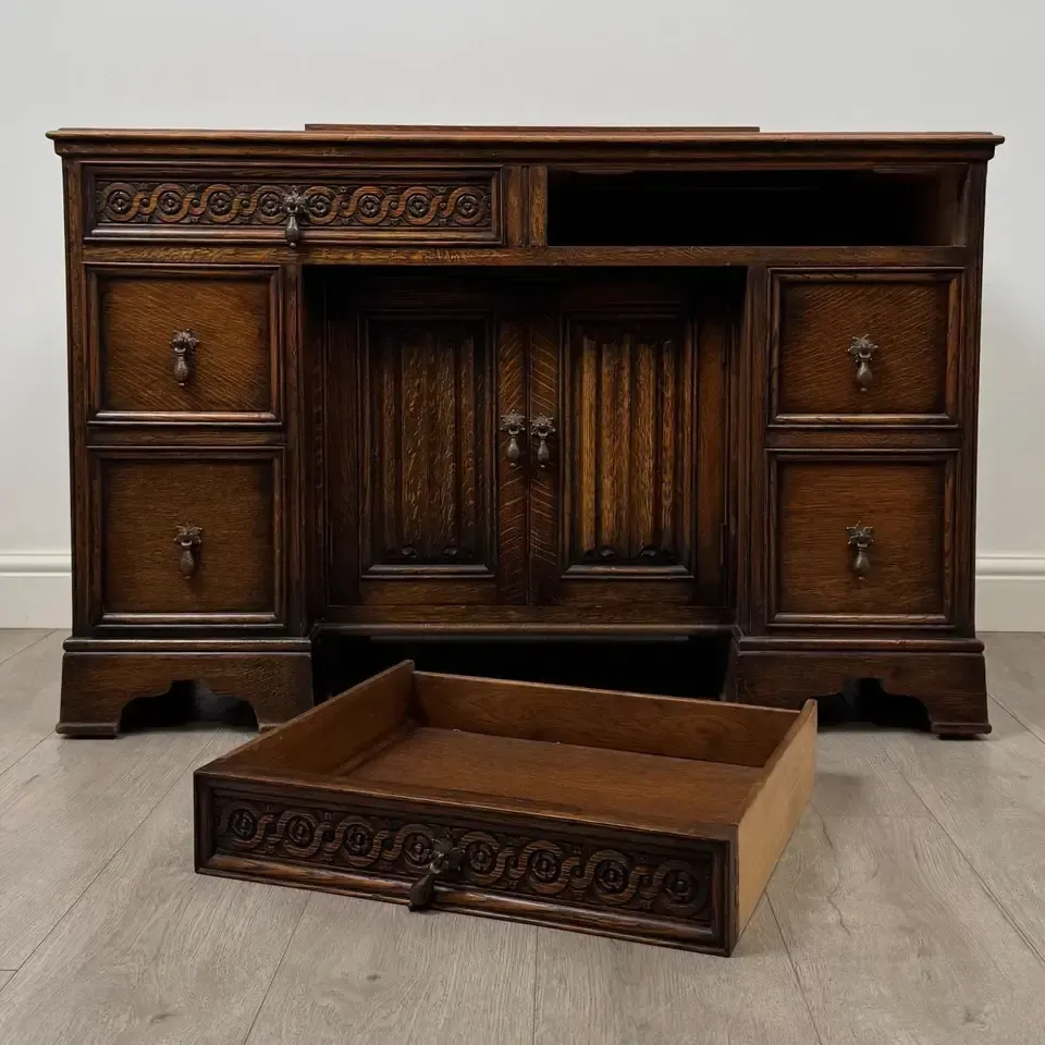photo for sale Antique 20th Century Carved Edwardian Desk In Oak