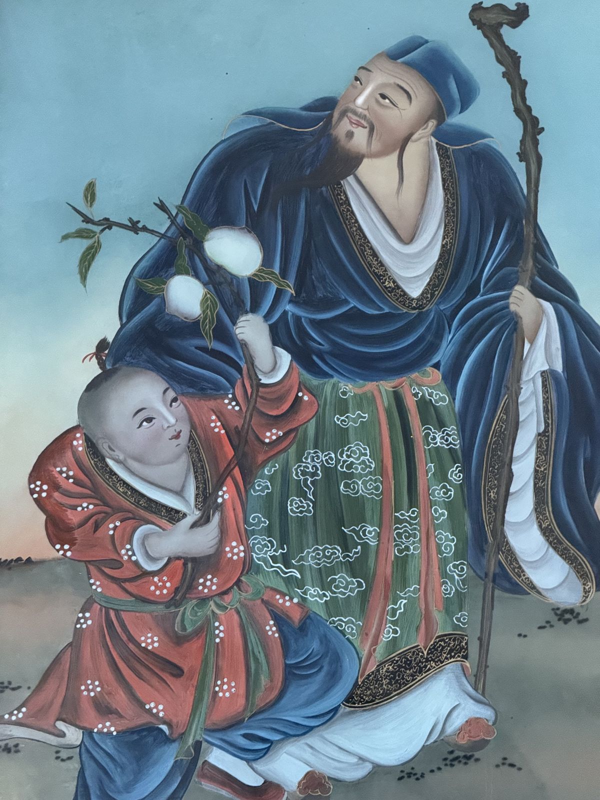 Rare 19th Century Chinese Reverse Glass Painting Of Shoulao & Child photo furniture
