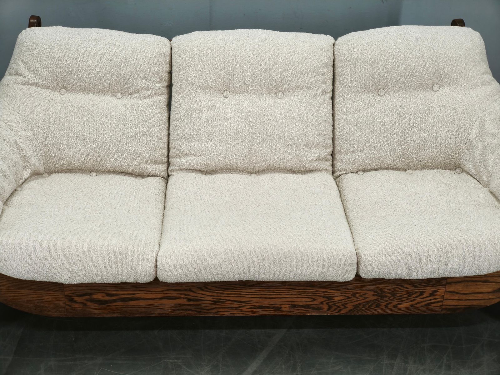 Brutalist Solid Oak And Bouclé Three Seat Sofa, Czechoslovakia 1970s photo furniture