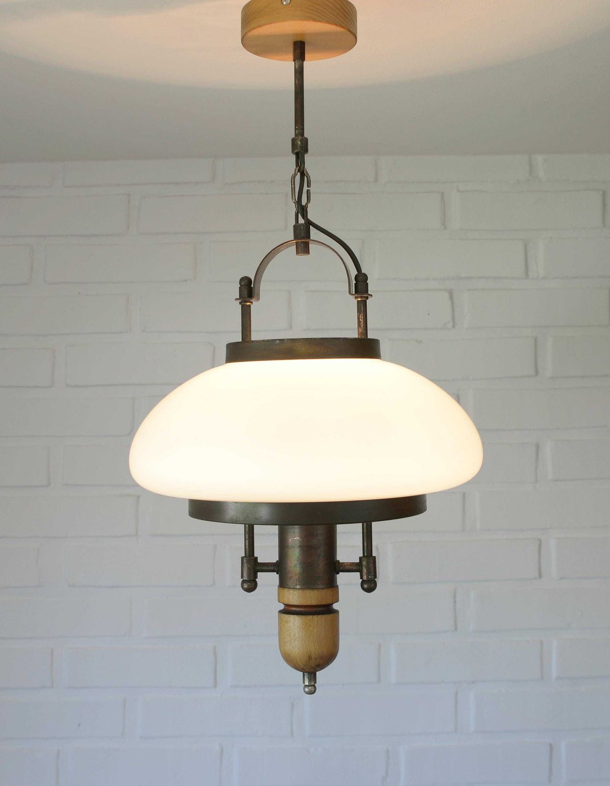 Vintage Lantern Pendant Light | Mid Century Opaline Glass Chandelier | Rewired Yugoslavian Hanging Lamp | Rustic Colonial photo Lighting