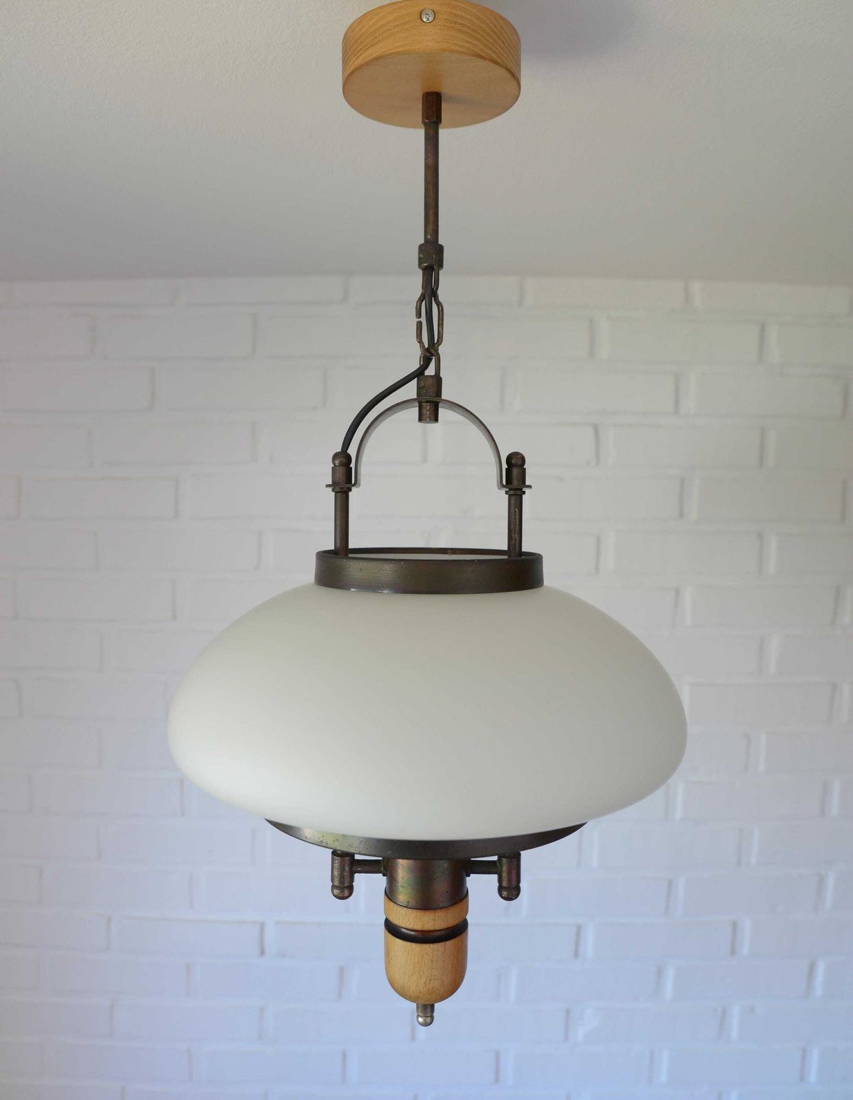 299.0 Vintage Lantern Pendant Light | Mid Century Opaline Glass Chandelier | Rewired Yugoslavian Hanging Lamp | Rustic Colonial photo
