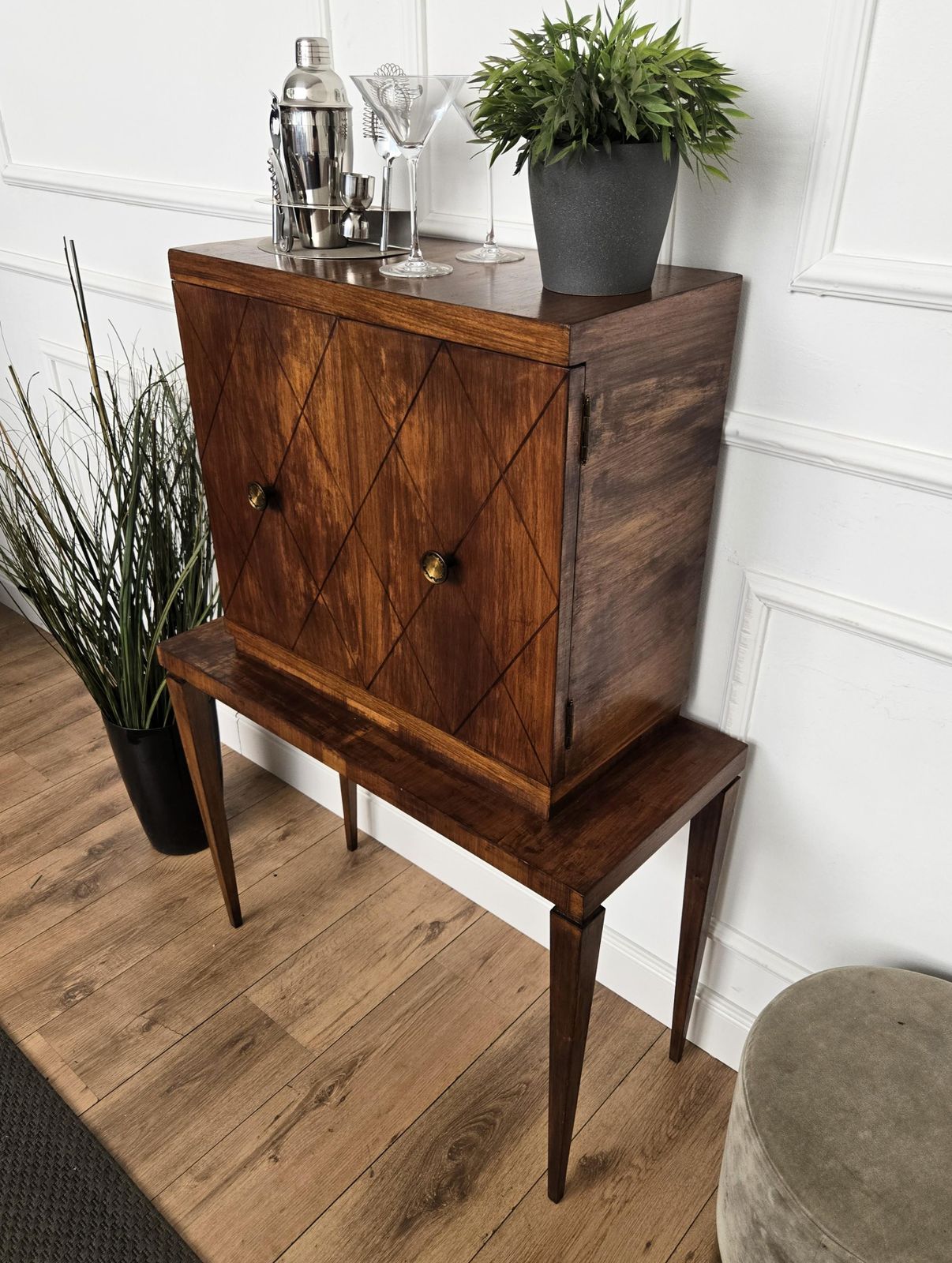 1950s Art Deco Mid Century Italian Walnut Mirror Mosaic Bar Cabinet photo buy