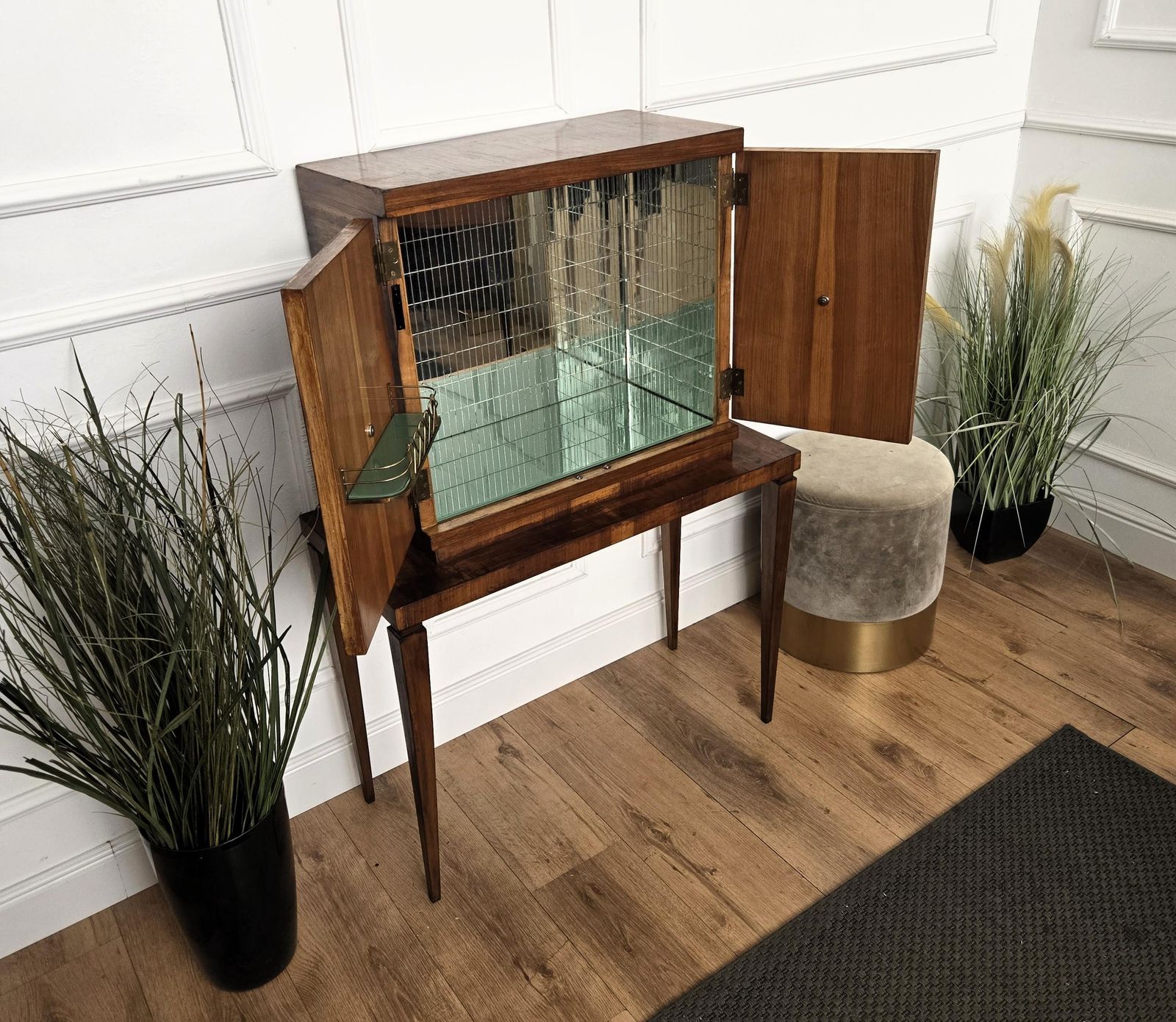 1950s Art Deco Mid Century Italian Walnut Mirror Mosaic Bar Cabinet photo vintage