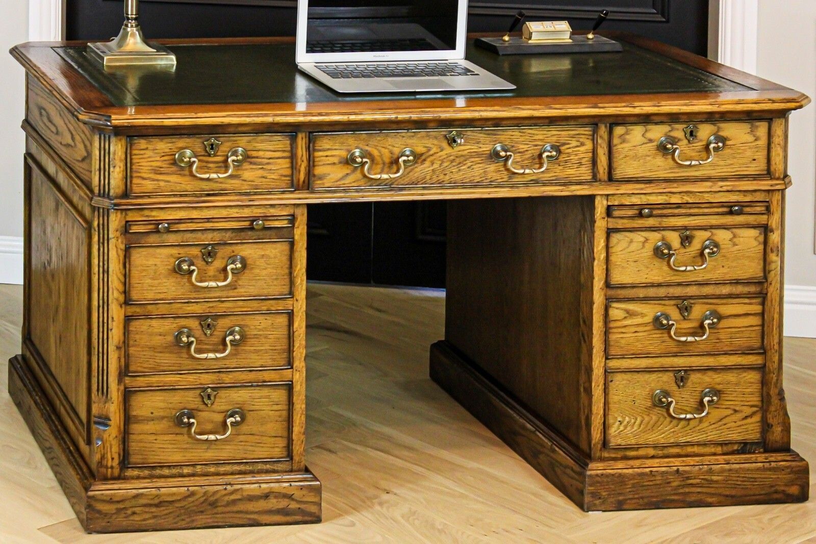 Large Antique Style Solid Oak Twin Pedestal Partners Leather Top Writing Desk photo furniture