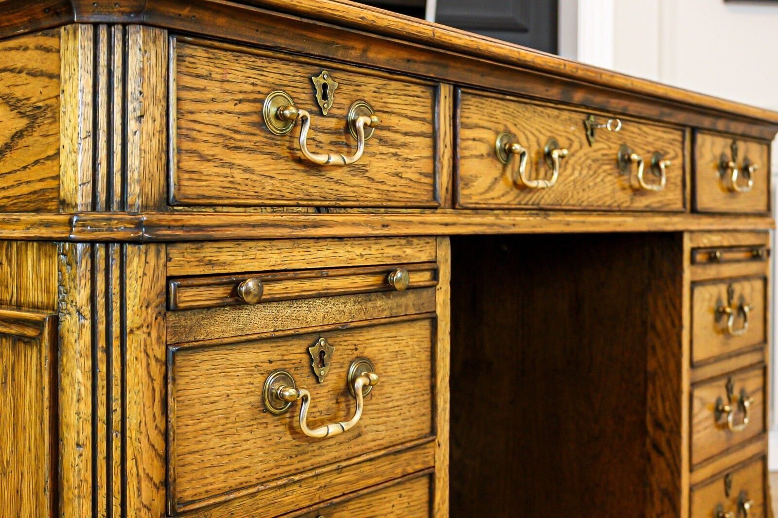 Large Antique Style Solid Oak Twin Pedestal Partners Leather Top Writing Desk photo Furniture