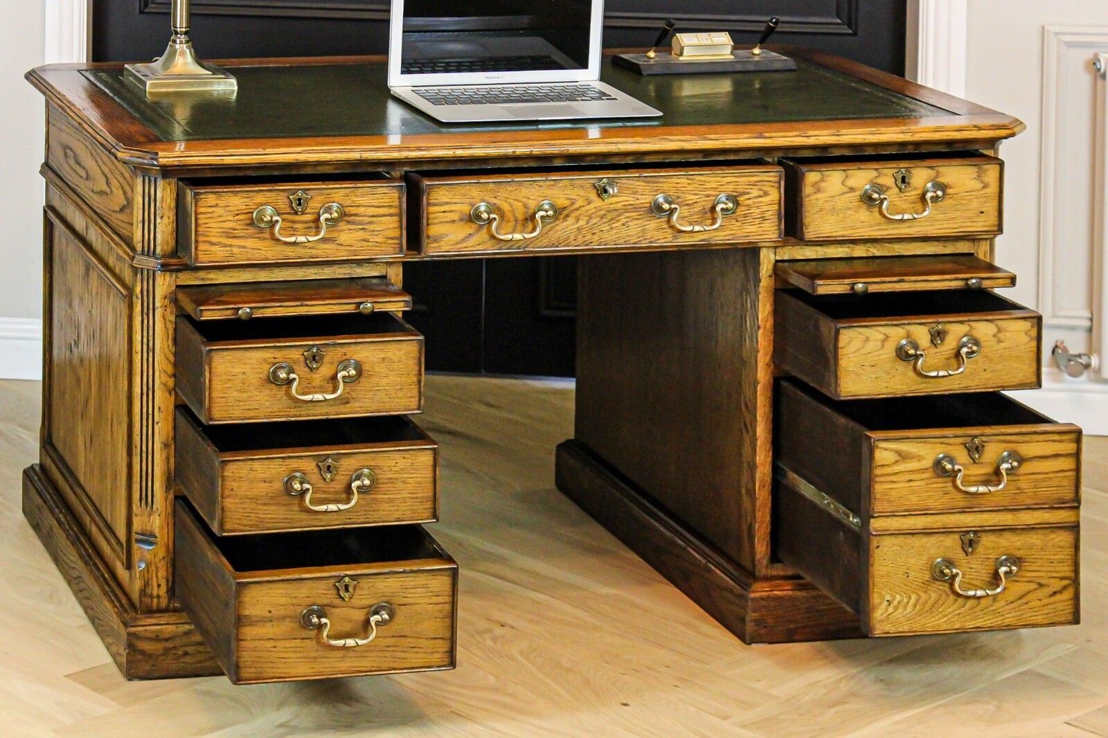 Large Antique Style Solid Oak Twin Pedestal Partners Leather Top Writing Desk photo vintage