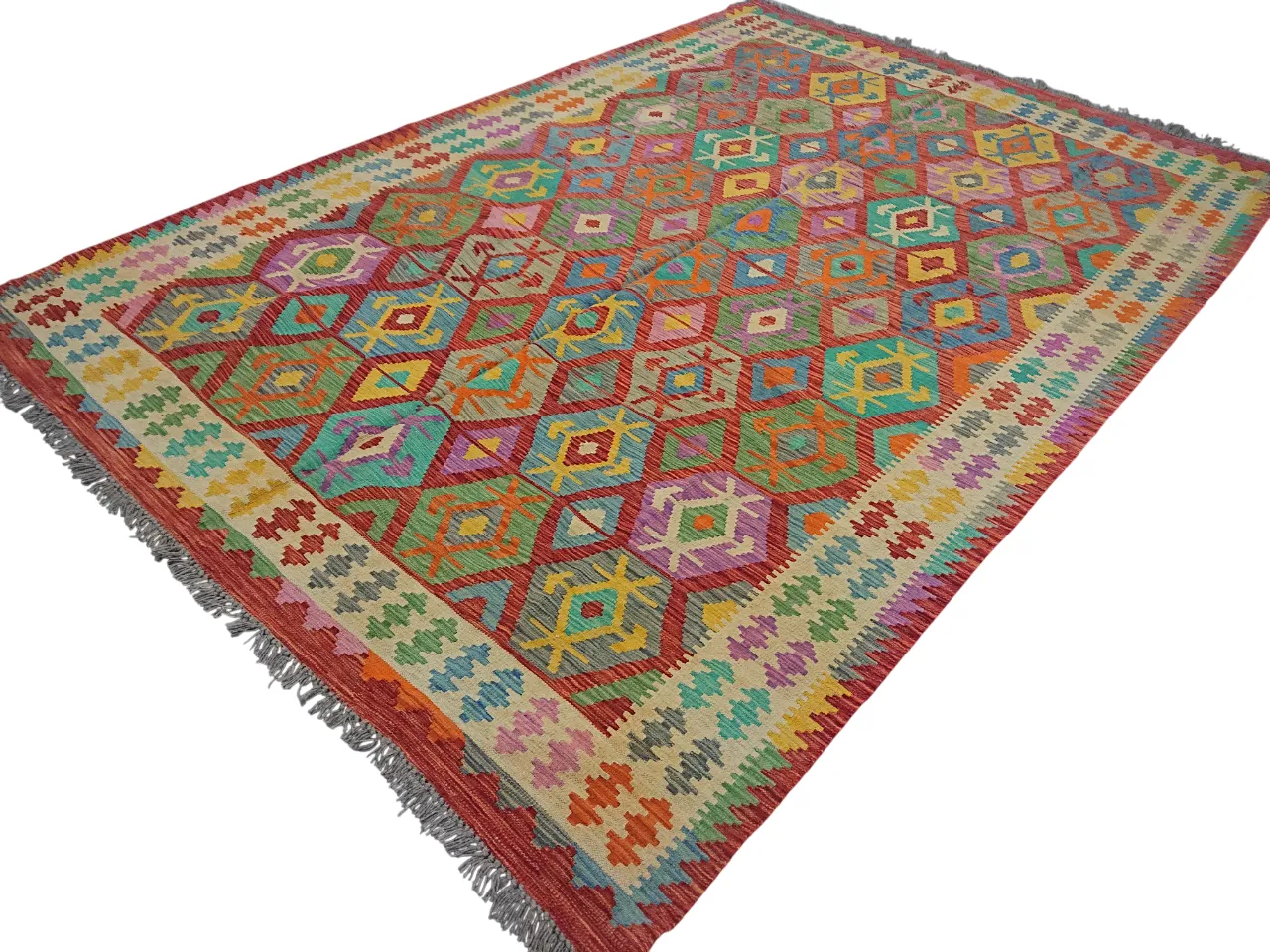 Handgeweven Kilim Flatweave Kleurrijk Boho Geometrisch Vloerkleed photo Textiel